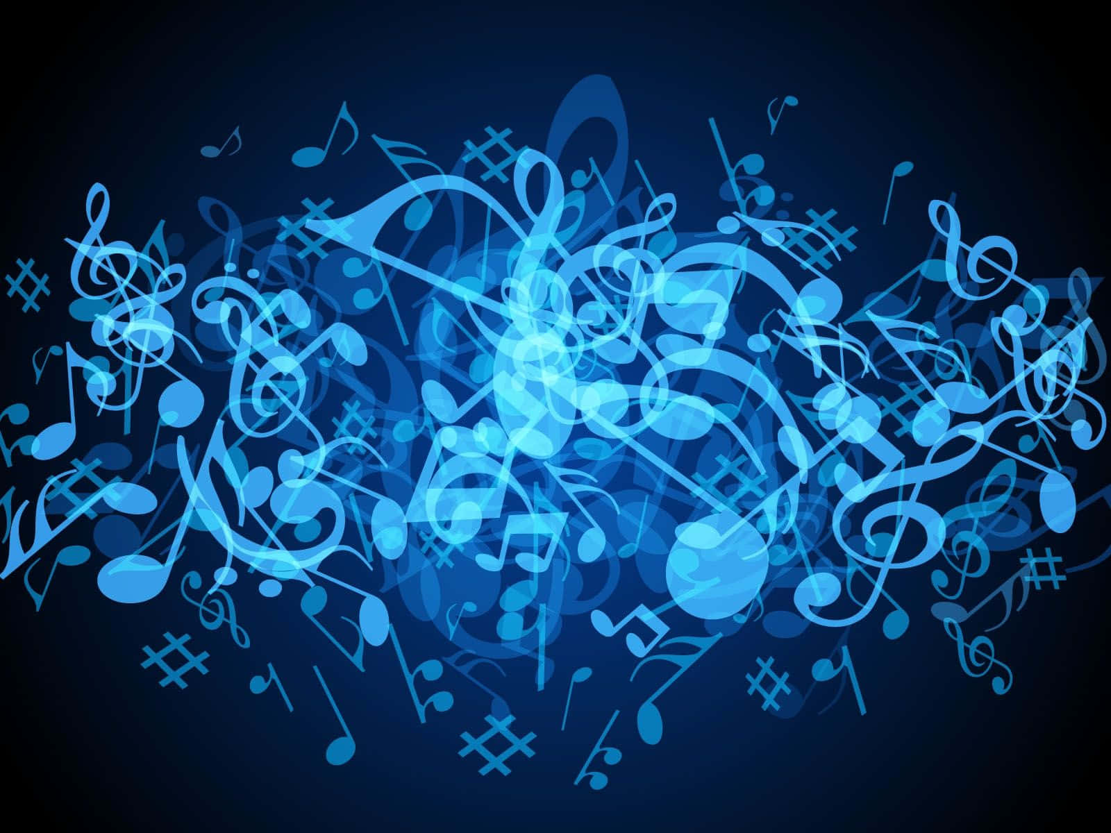 Music Notes 桌布 壁紙 — 發光的藍色音符和符號的動態漩渦在黑暗背景下放射出來。