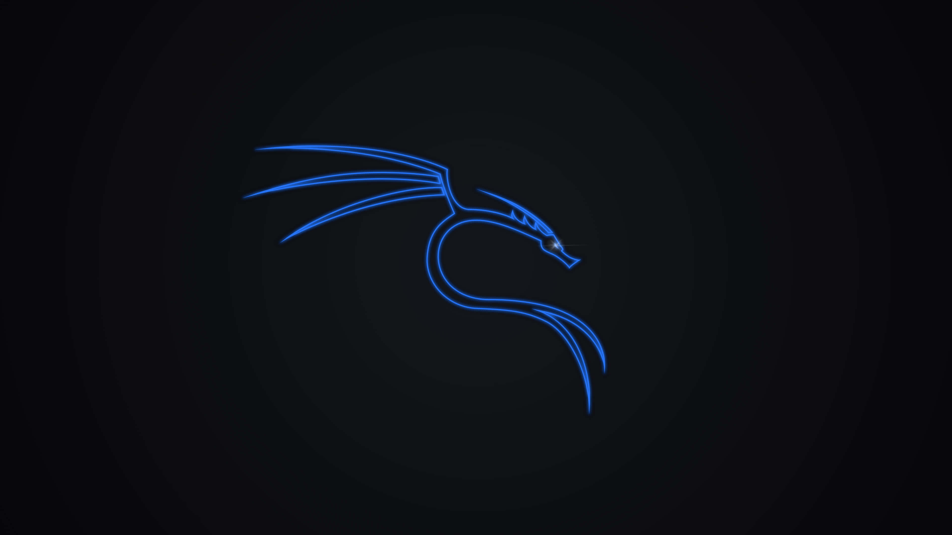 Kali Linux 桌布 壁紙 — 發光的藍色龍輪廓在深色漸變背景上發光，帶有微妙的圓形光效。