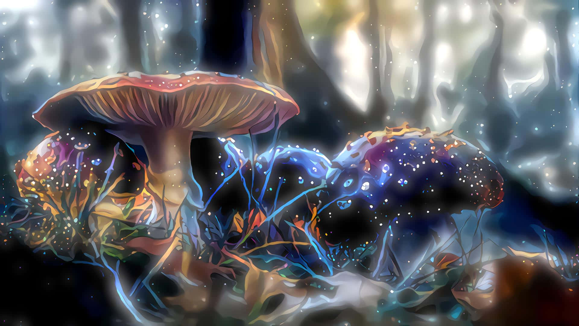 蘑菇 桌布 壁紙 — 發光的蘑菇帶有宇宙圖案和星光光環，在星空下的神秘森林中生長。