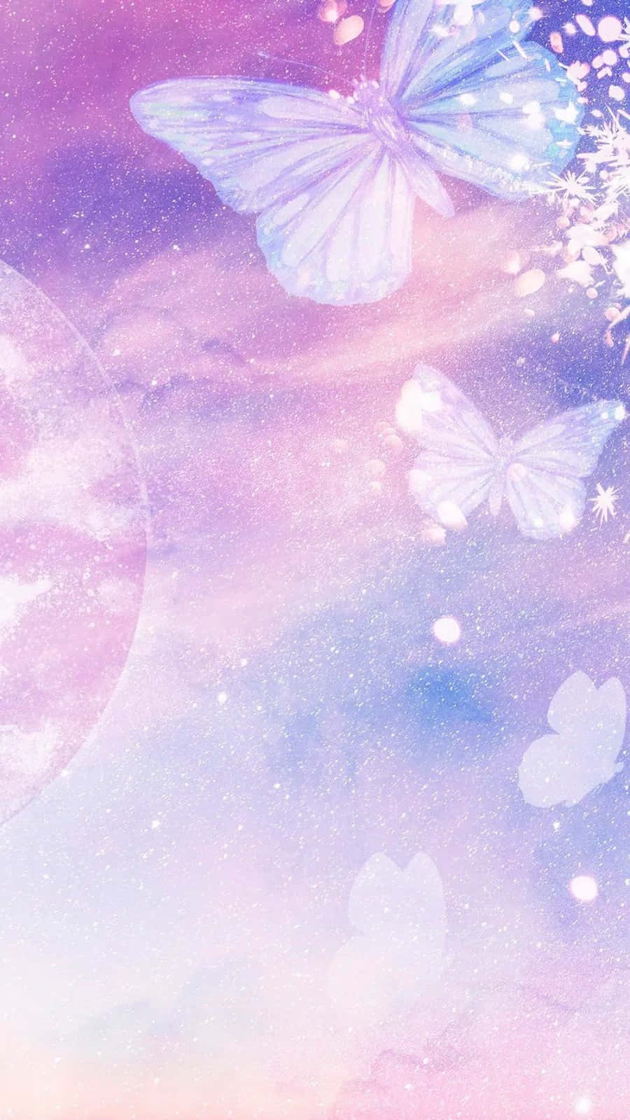 蝴蝶 桌布 壁紙 — 發光的蝴蝶在夢幻的粉彩星系中飄浮，充滿閃爍的星星和柔和的宇宙雲。
