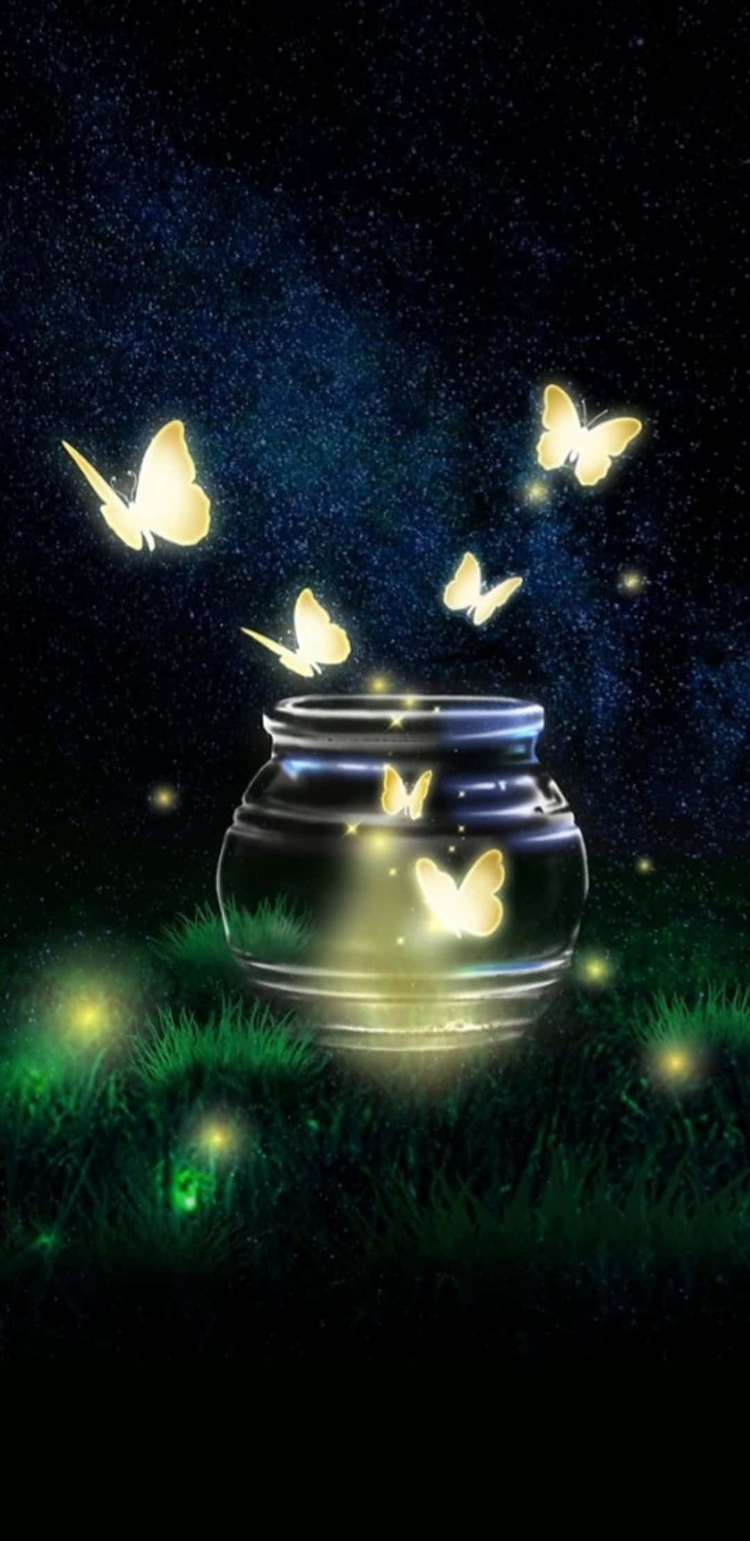 Butterflies 桌布 壁紙 — 發光的蝴蝶從一個放在星空夜草中的玻璃罐中飛出，背景是宇宙天空。