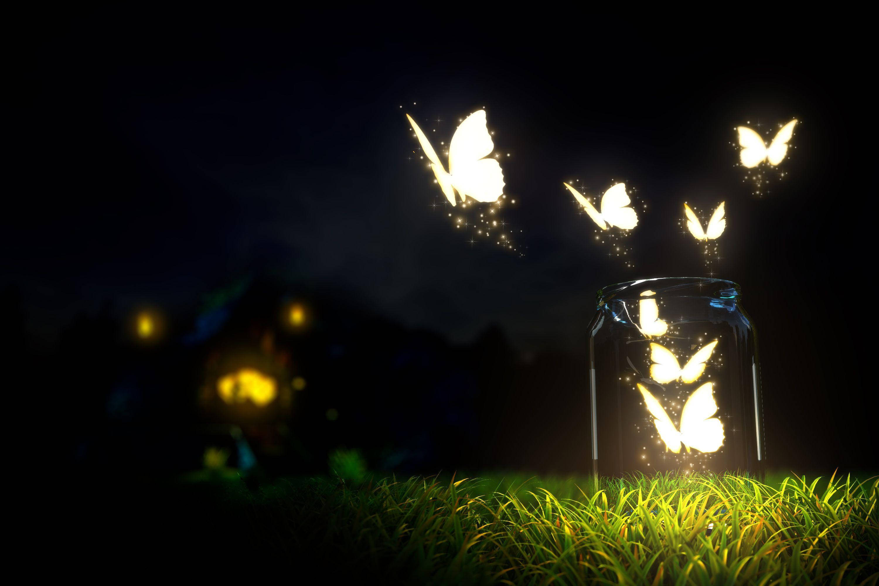 night butterfly 桌布 壁紙 — 發光的蝴蝶從一個放在黑暗草地上的玻璃罐中逃出，背景是夜空和遠處的燈籠。