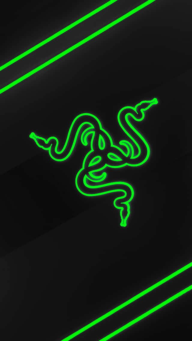 藝術 桌布 壁紙 — 發光的螢光綠色 Razer 標誌蜿蜒穿過由對角光條框住的時尚黑色背景。