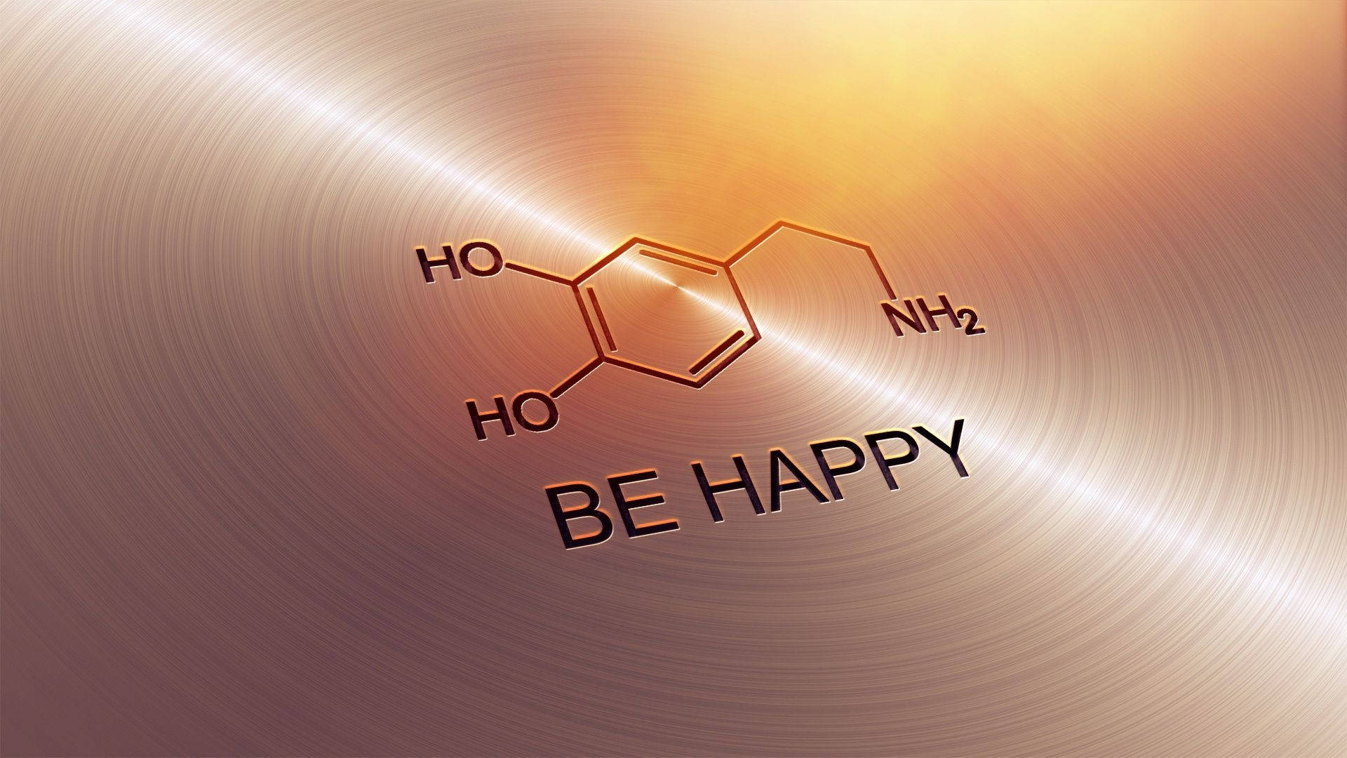 快樂 桌布 壁紙 — 發光的血清素分子結構，帶有「BE HAPPY」文字，背景為拉絲金屬漸變色。