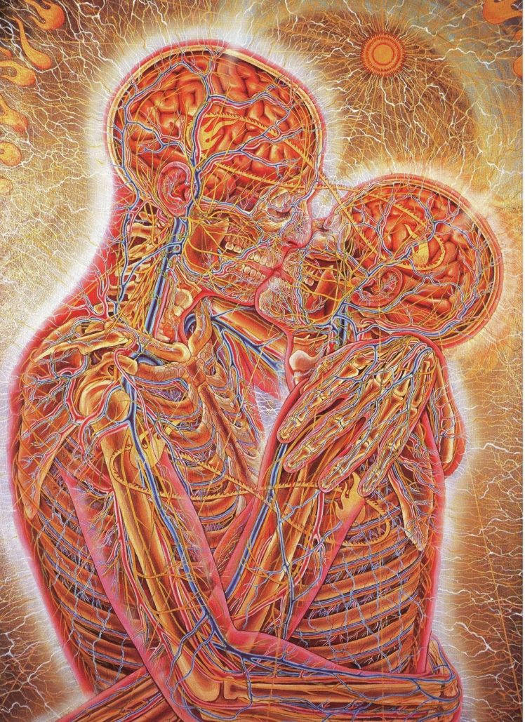愛心 桌布 壁紙 — 發光的解剖學插圖，描繪兩個擁抱的人物，可見循環系統，背景為燦爛的金色。