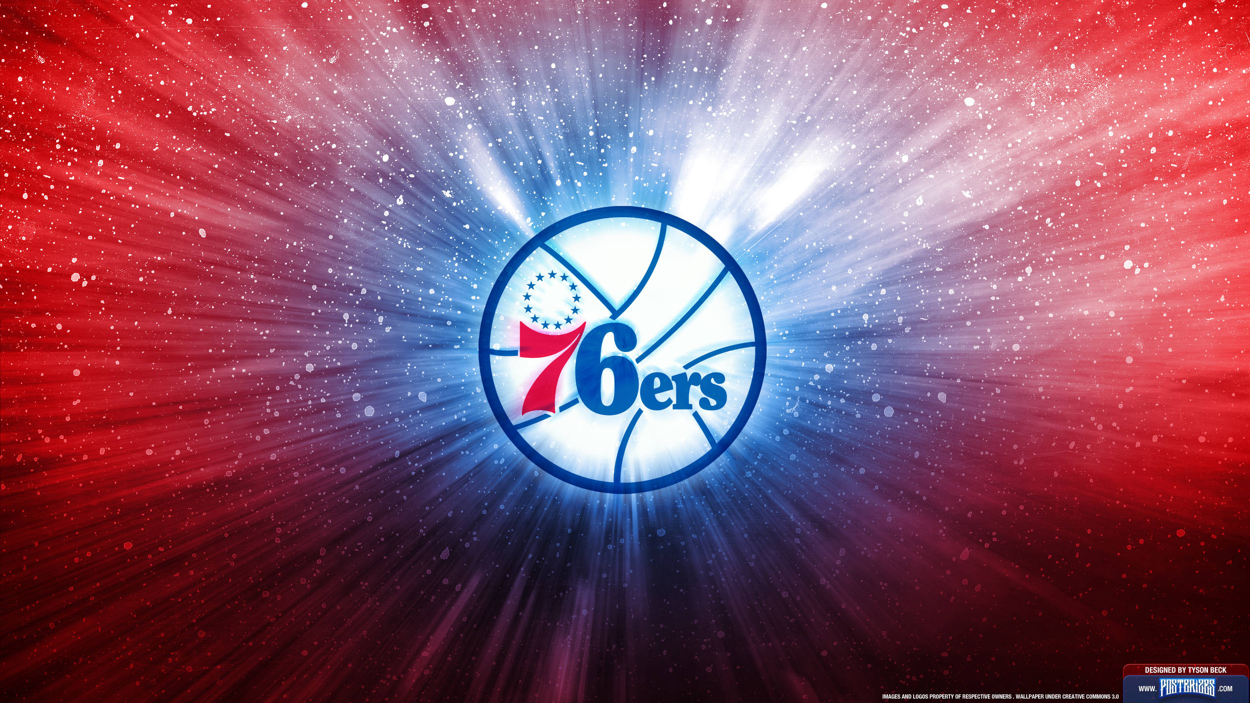 Teams 桌布 壁紙 — 發光的費城76人籃球標誌在動態的紅藍宇宙背景下散發出明亮的光芒。