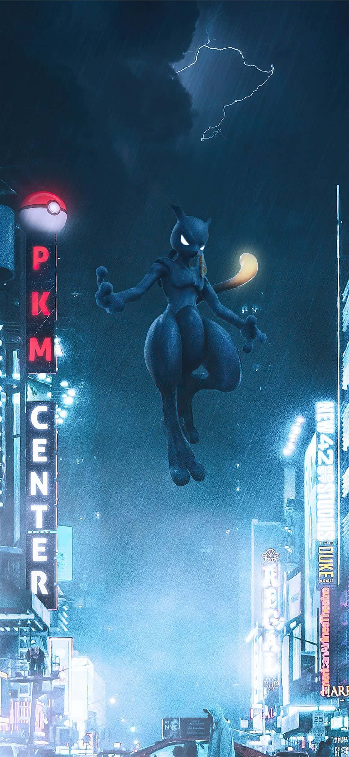 Pokemon Mew 桌布 壁紙 — 發光的超夢在雨中霓虹燈照亮的城市景觀上空盤旋，天空中有閃電風暴。
