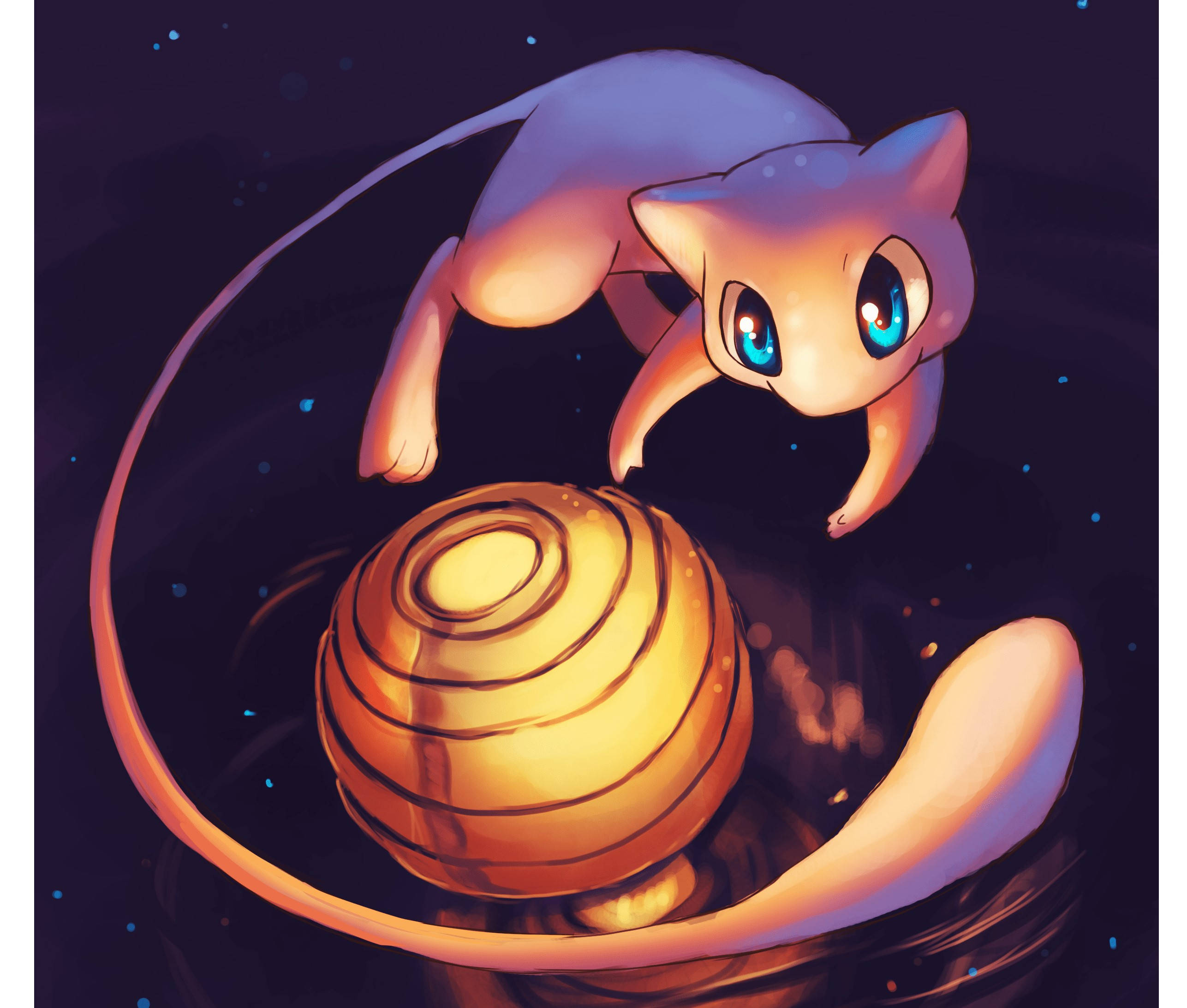 Mew 桌布 壁紙 — 發光的超夢漂浮在金色球體上方，背景是星空宇宙，帶有柔和的紫色和橙色燈光。