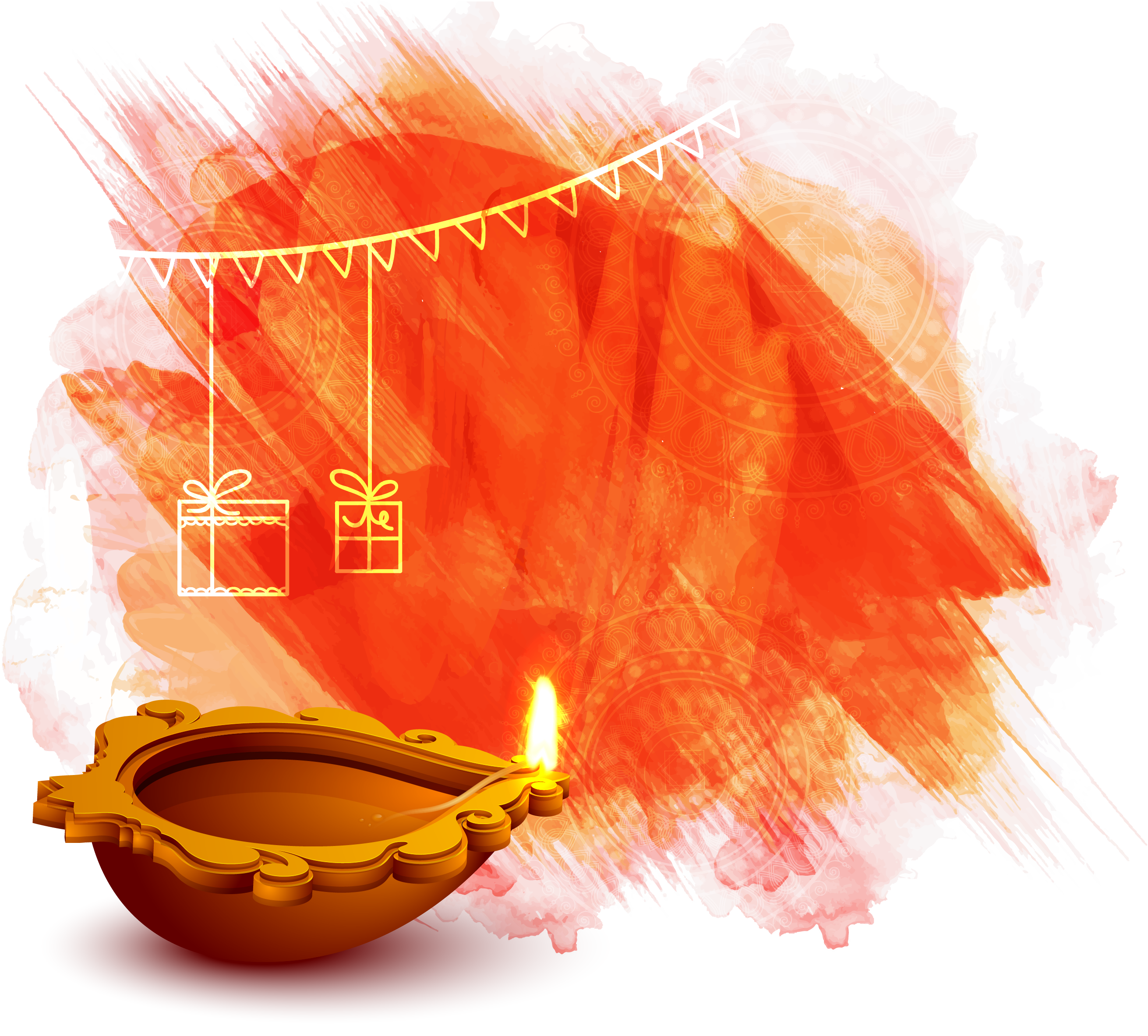 Festival 桌布 壁紙 — 發光的迪亞燈籠，掛著禮物盒，襯托著充滿活力的橙色水彩潑濺，並以白色曼陀羅邊框環繞。