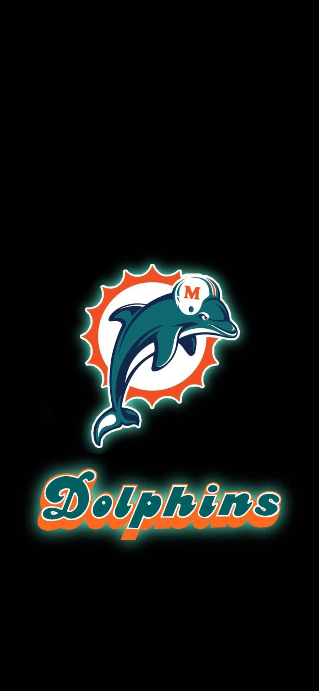 Miami Dolphins iPhone 桌布 壁紙 — 發光的邁阿密海豚隊標誌，戴頭盔的海豚跳躍在黑色背景上。