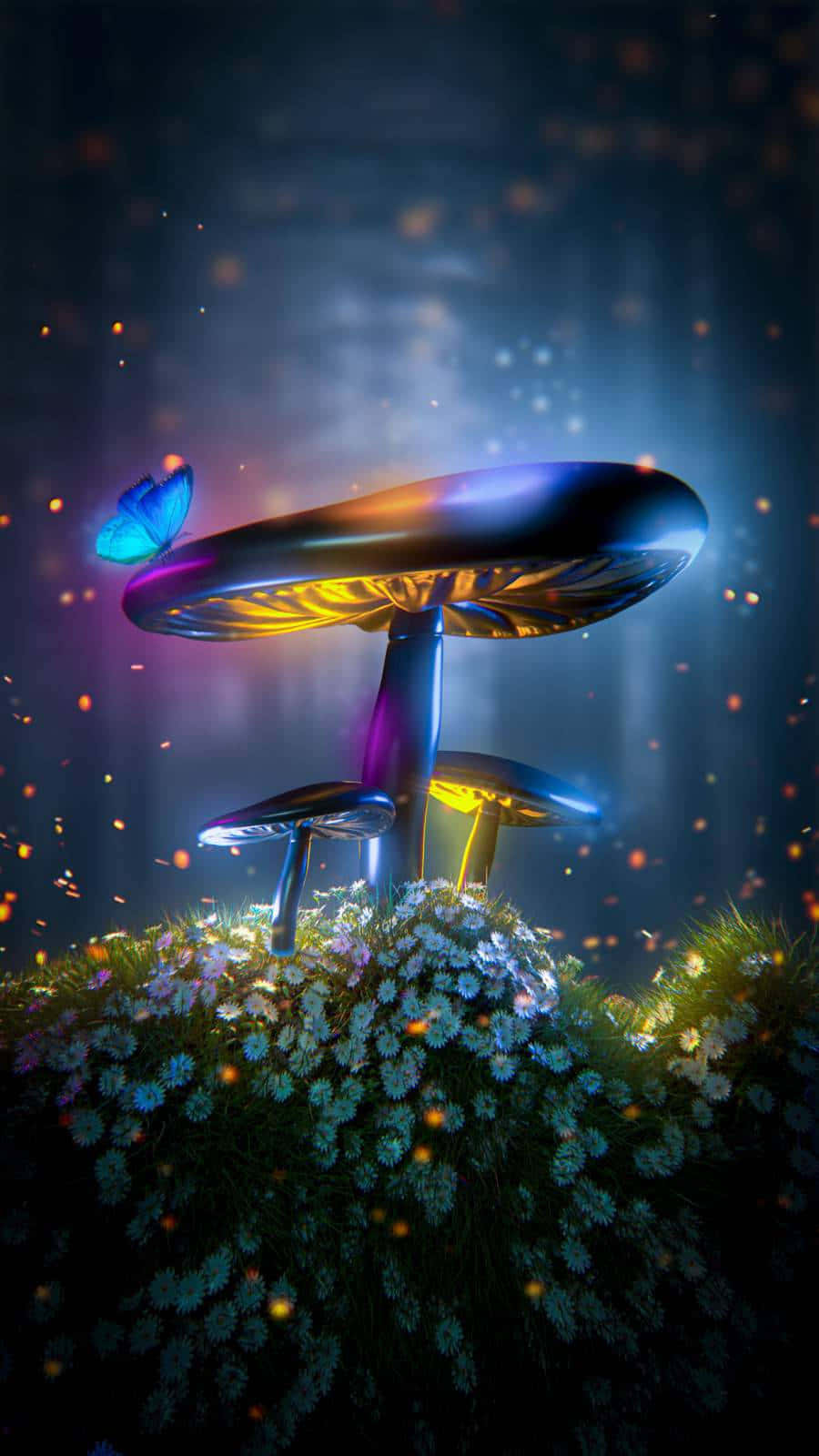 Trippy Mushroom 桌布 壁紙 — 發光的金屬蘑菇與一隻藍色蝴蝶在星空下的雛菊田上方飄浮。