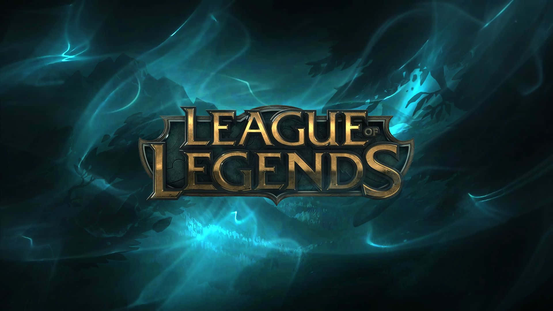 Best League Of Legends 桌布 壁紙 — 發光的金色《英雄聯盟》標誌從黑暗背景中旋轉的藍綠色神秘能量中浮現。