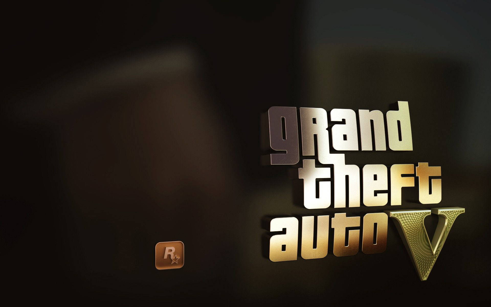 v 桌布 壁紙 — 發光的金色Grand Theft Auto V標誌，帶有Rockstar Games徽章，背景為深色模糊。