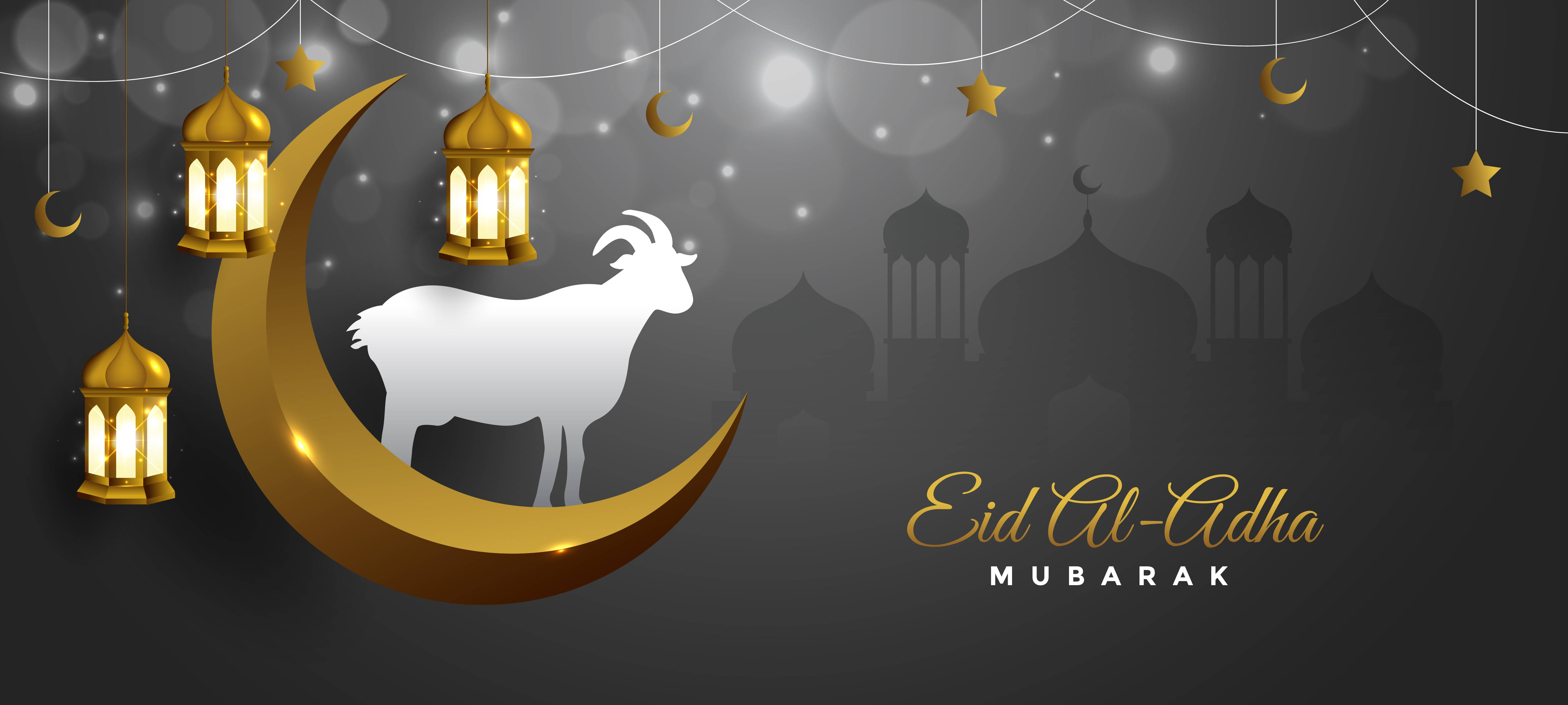 Eid Mubarak 桌布 壁紙 — 發光的金色新月抱著一隻白色山羊剪影，懸掛的燈籠和星星在夜晚照亮清真寺剪影。