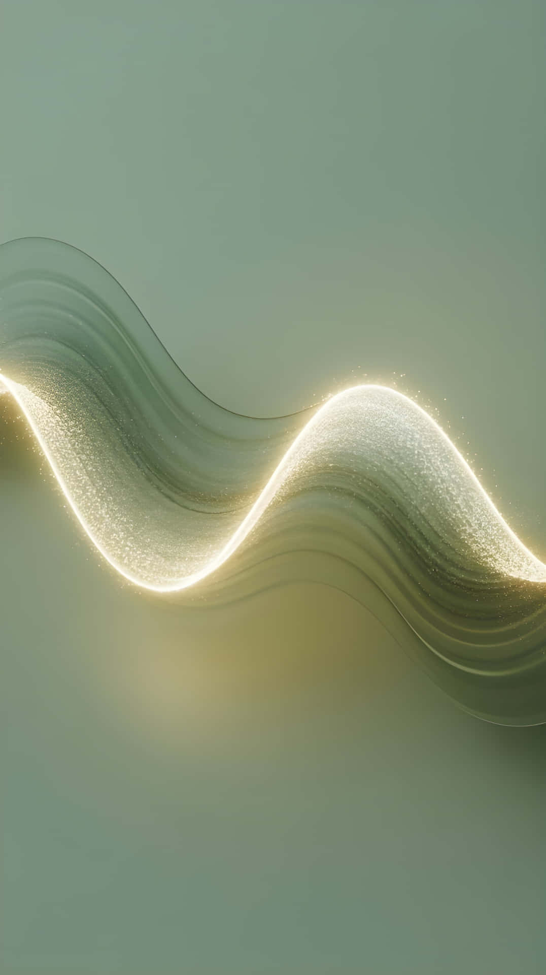 Luminous Abstract Wave on Sage Green Gradient Background 壁紙 — 發光的金色波浪帶有閃爍的粒子，優雅地流過柔和的薄荷綠色背景。