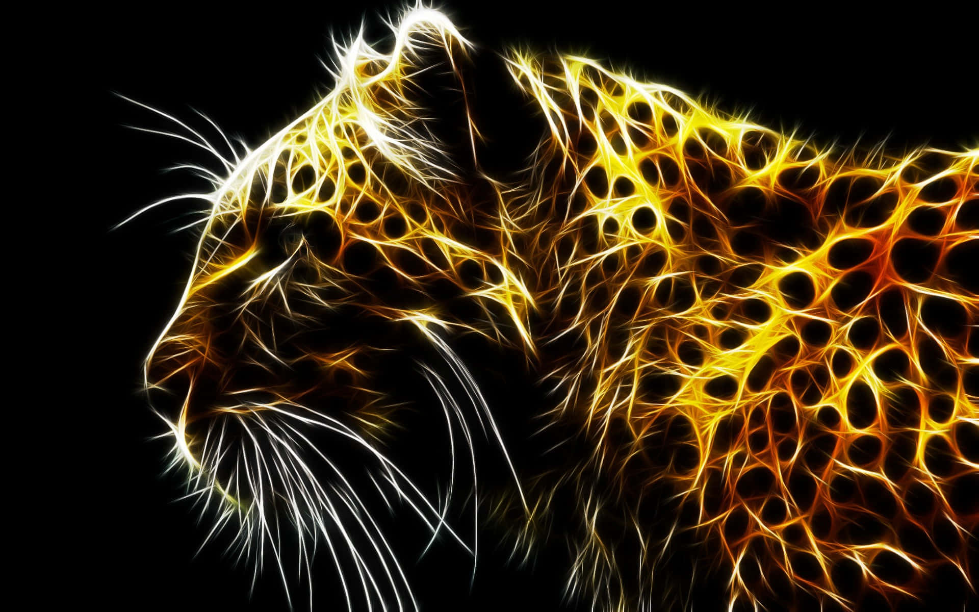Jaguar 桌布 壁紙 — 發光的金色豹子剪影，帶有火焰般的碎形圖案，背景為黑色。