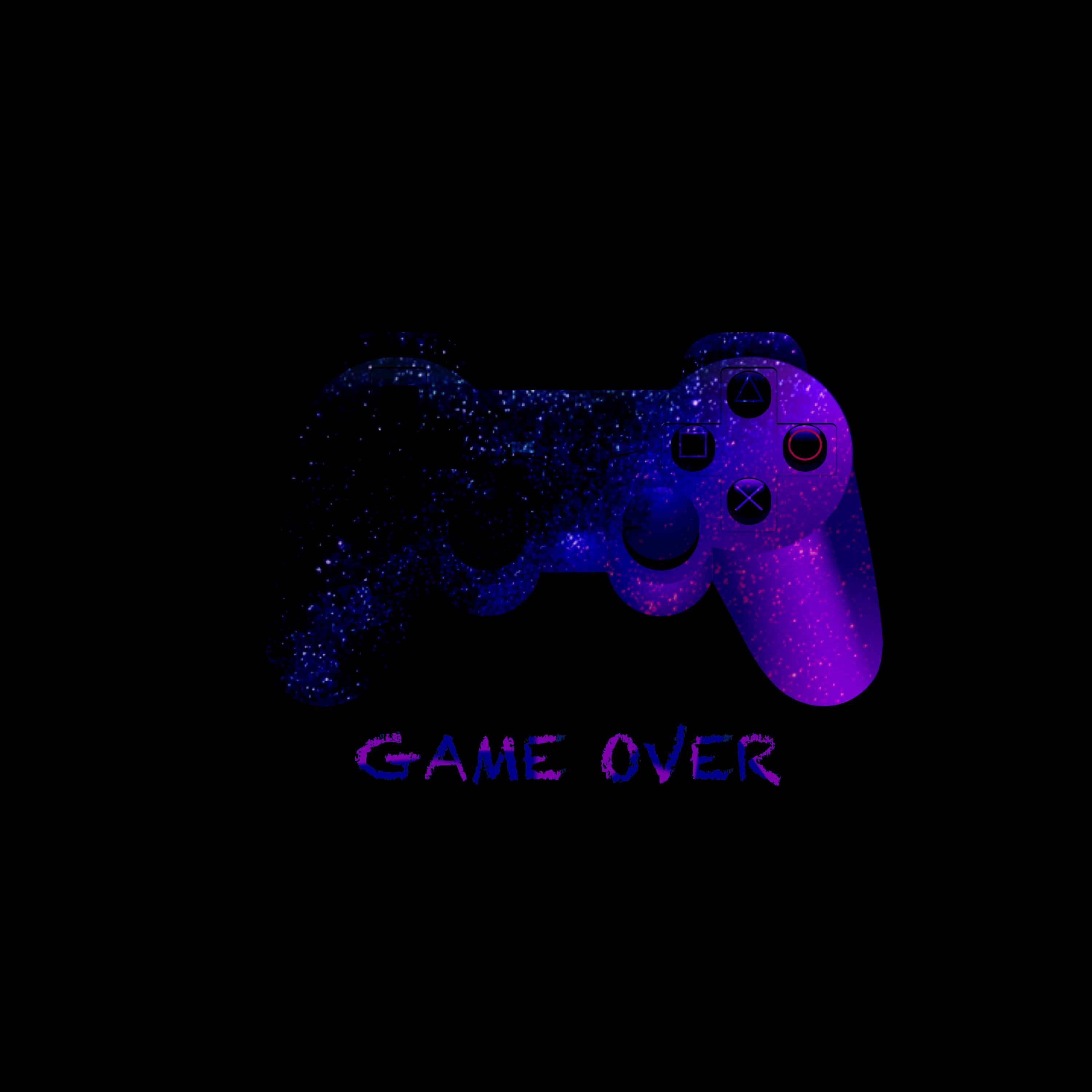 Dark Game Over 桌布 壁紙 — 發光的銀河主題遊戲控制器，黑色背景上帶有「GAME OVER」文字。