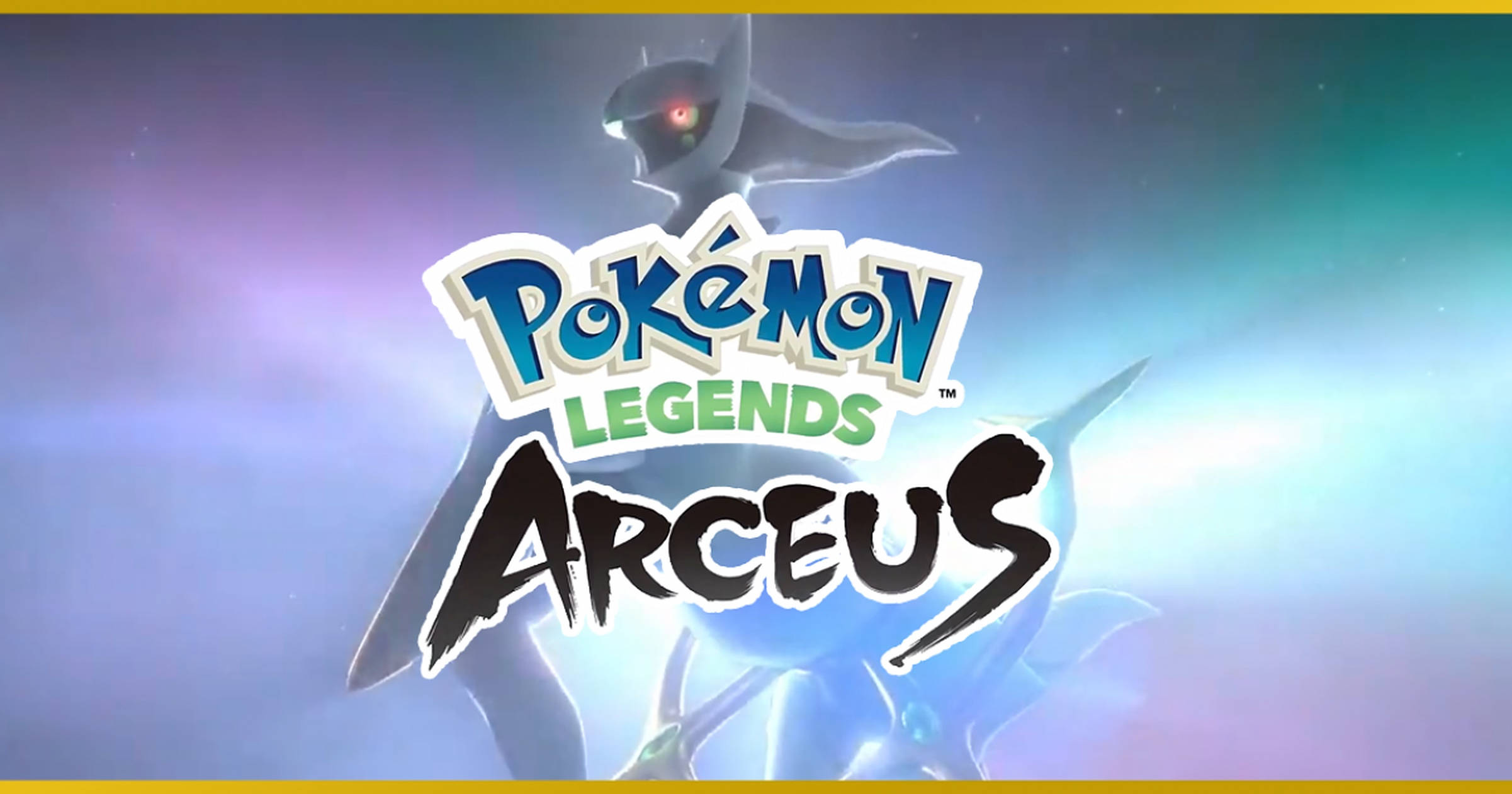 Legends 桌布 壁紙 — 發光的阿爾宙斯站在 Pokémon Legends Arceus 標題後面，背景是宇宙漸變天空。