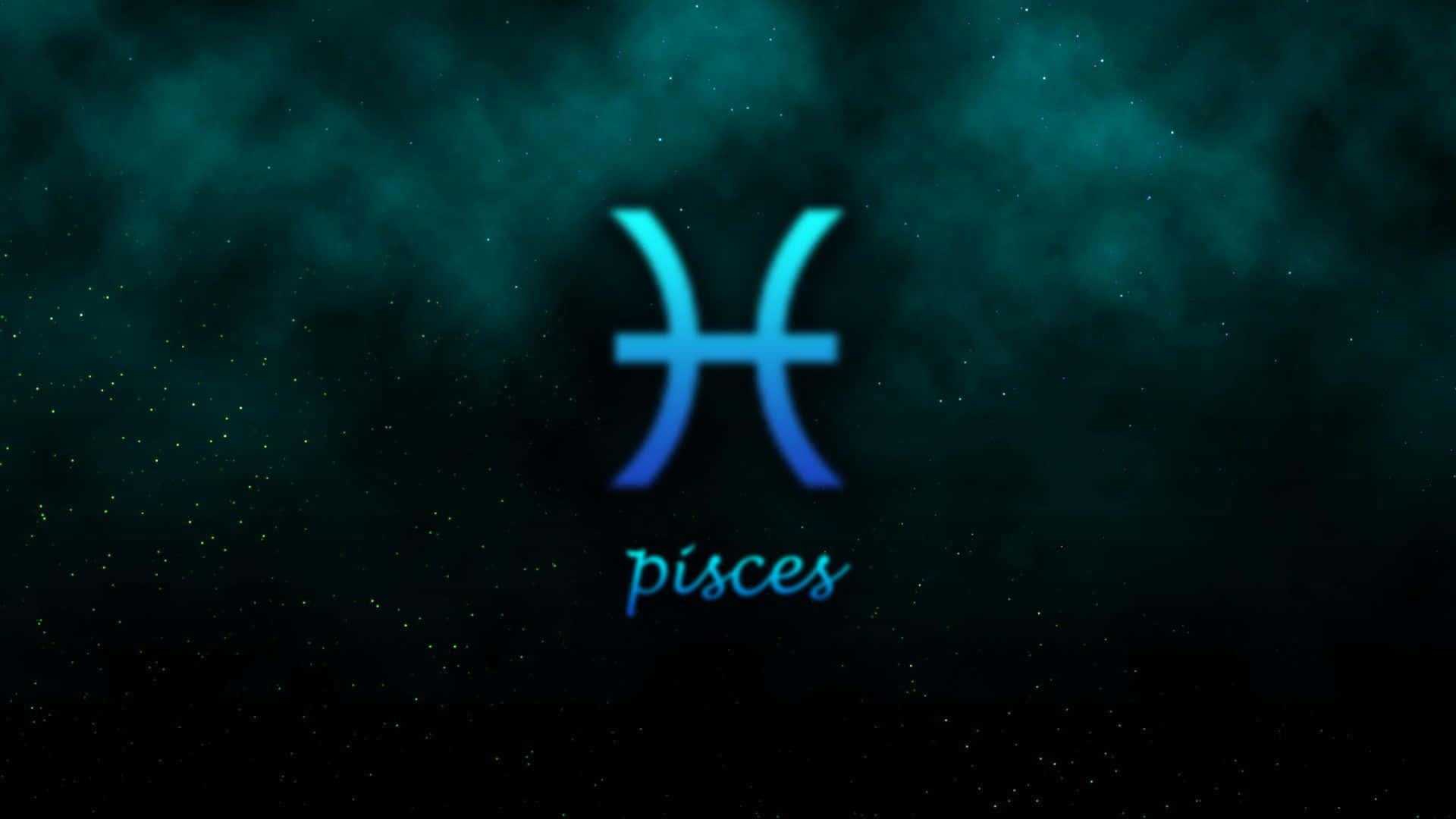 雙魚座 桌布 壁紙 — 發光的雙魚座星座符號在宇宙藍綠色和黑色星空背景下閃耀著鮮豔的藍色。