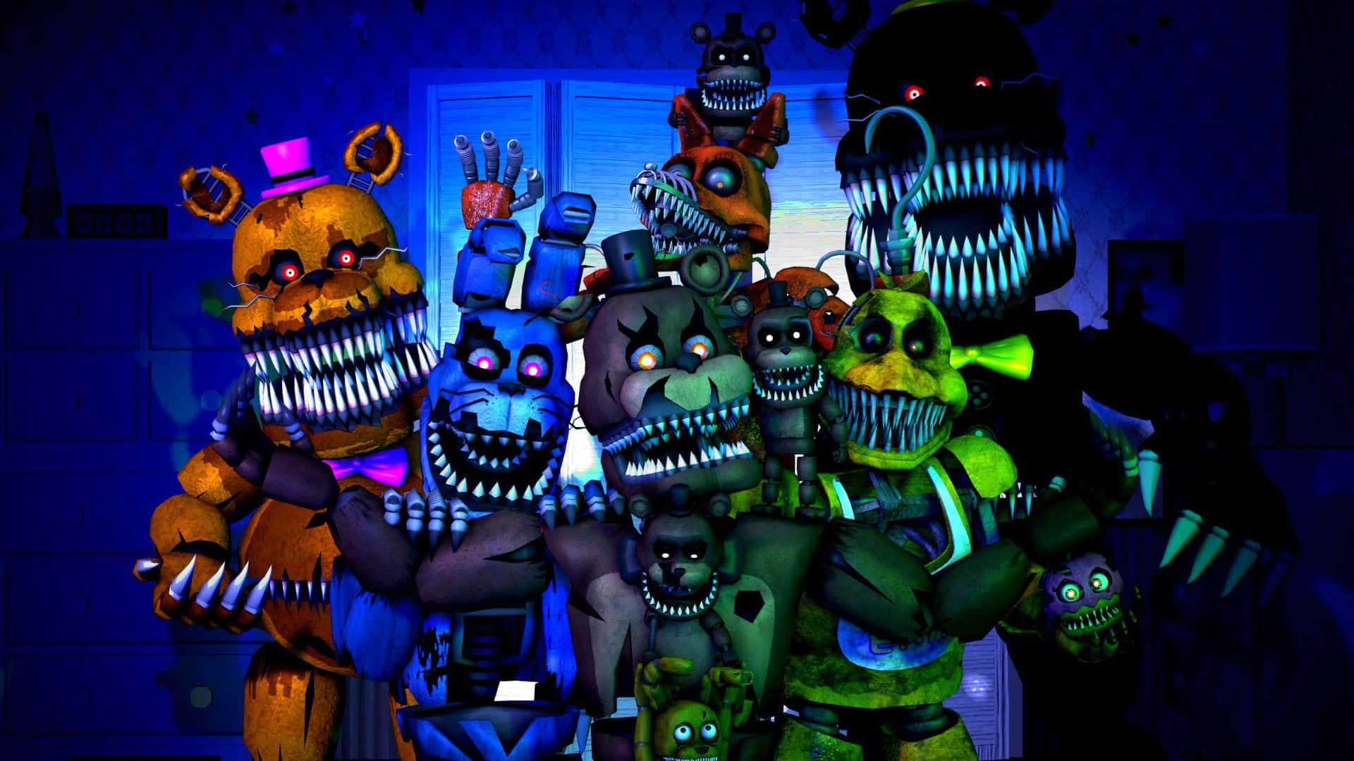 Fnaf Jumpscare 桌布 壁紙 — 發光的電子動畫怪物，擁有鋒利的牙齒和紅色眼睛，在深藍色照明的房間中威脅地凝視。
