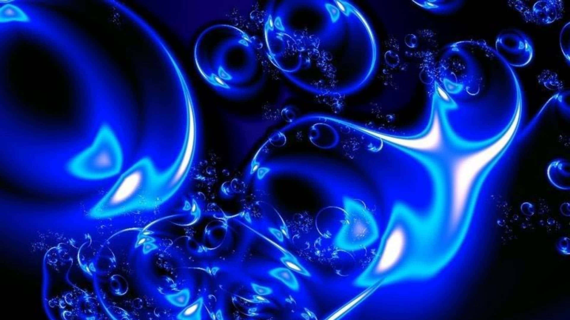 Blue Neon 桌布 壁紙 — 發光的電藍色氣泡和流體漩渦在深黑色背景上漂浮，營造出迷人的抽象數位場景。