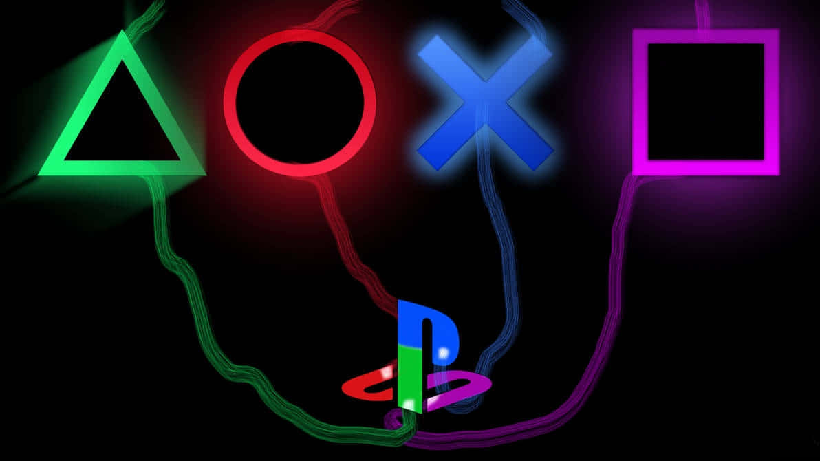 PlayStation 桌布 壁紙 — 發光的霓虹 PlayStation 控制器按鈕，以彩色電線連接，背景為黑色。