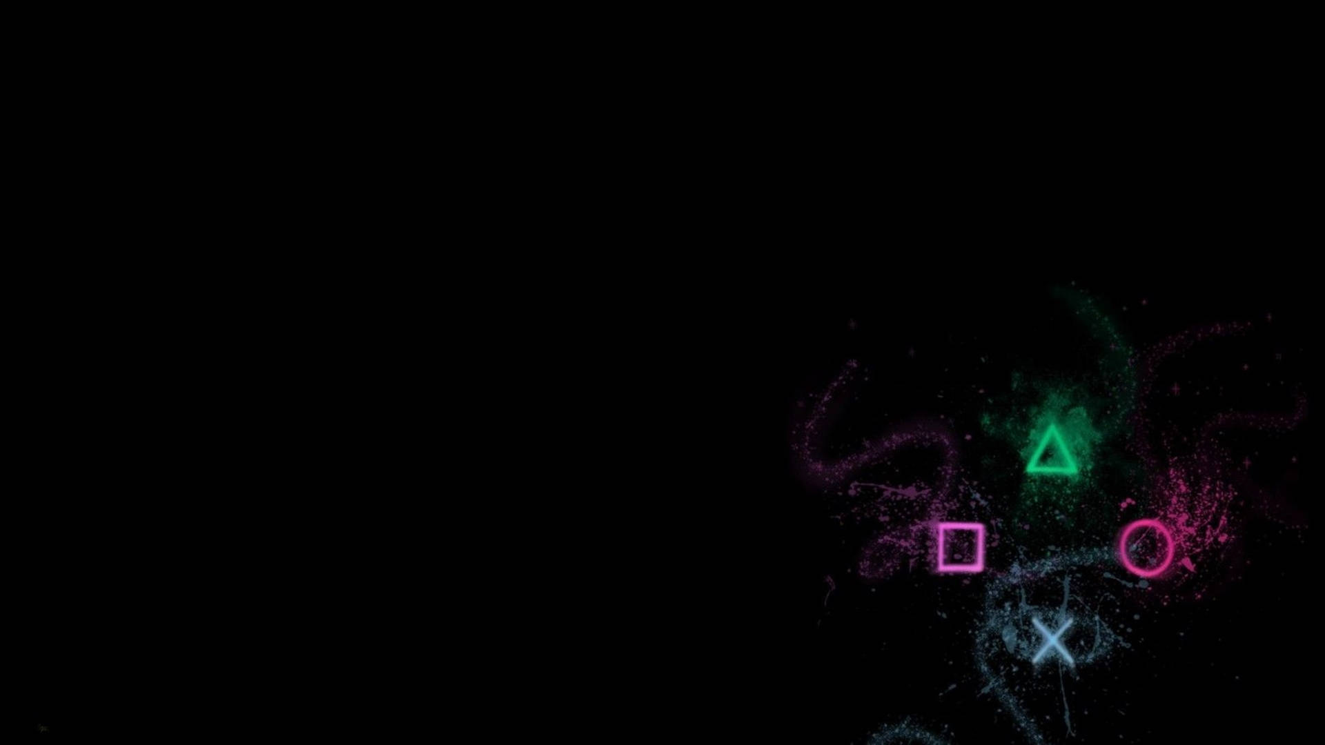 霓虹 PlayStation 符號在黑暗空間中漂浮，像發光的粒子。