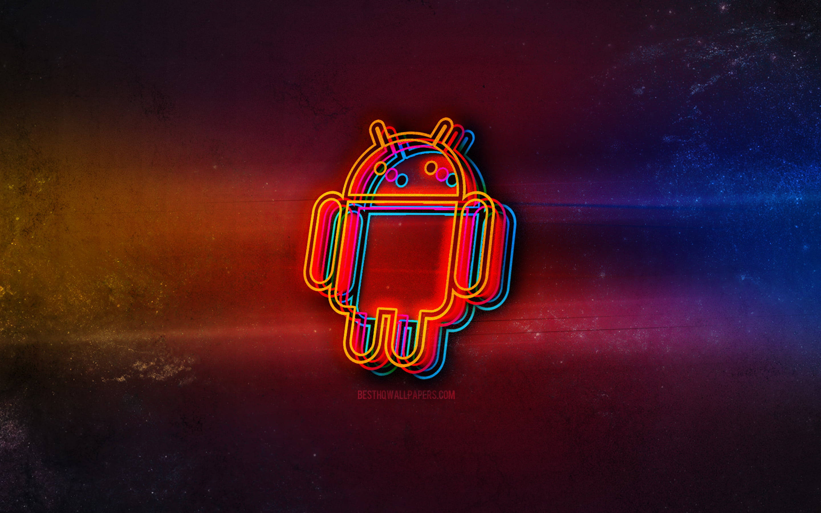 Android Desktop 桌布 壁紙 — 發光的霓虹Android機器人輪廓在橙色、藍色和紫色星星的宇宙漸變中脈動。