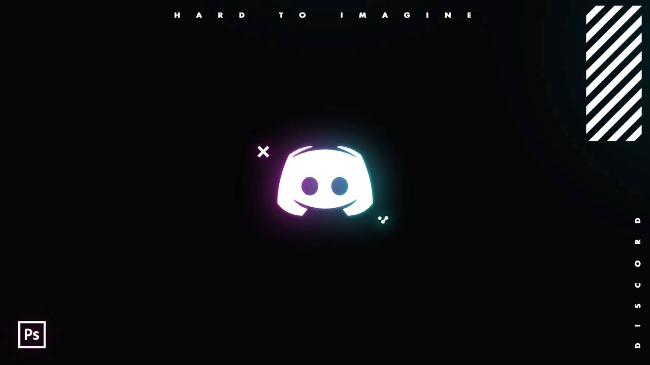 Discord 桌布 壁紙 — 發光的霓虹Discord標誌在黑色背景上柔和地脈動，帶有對角線條紋點綴和文字元素。
