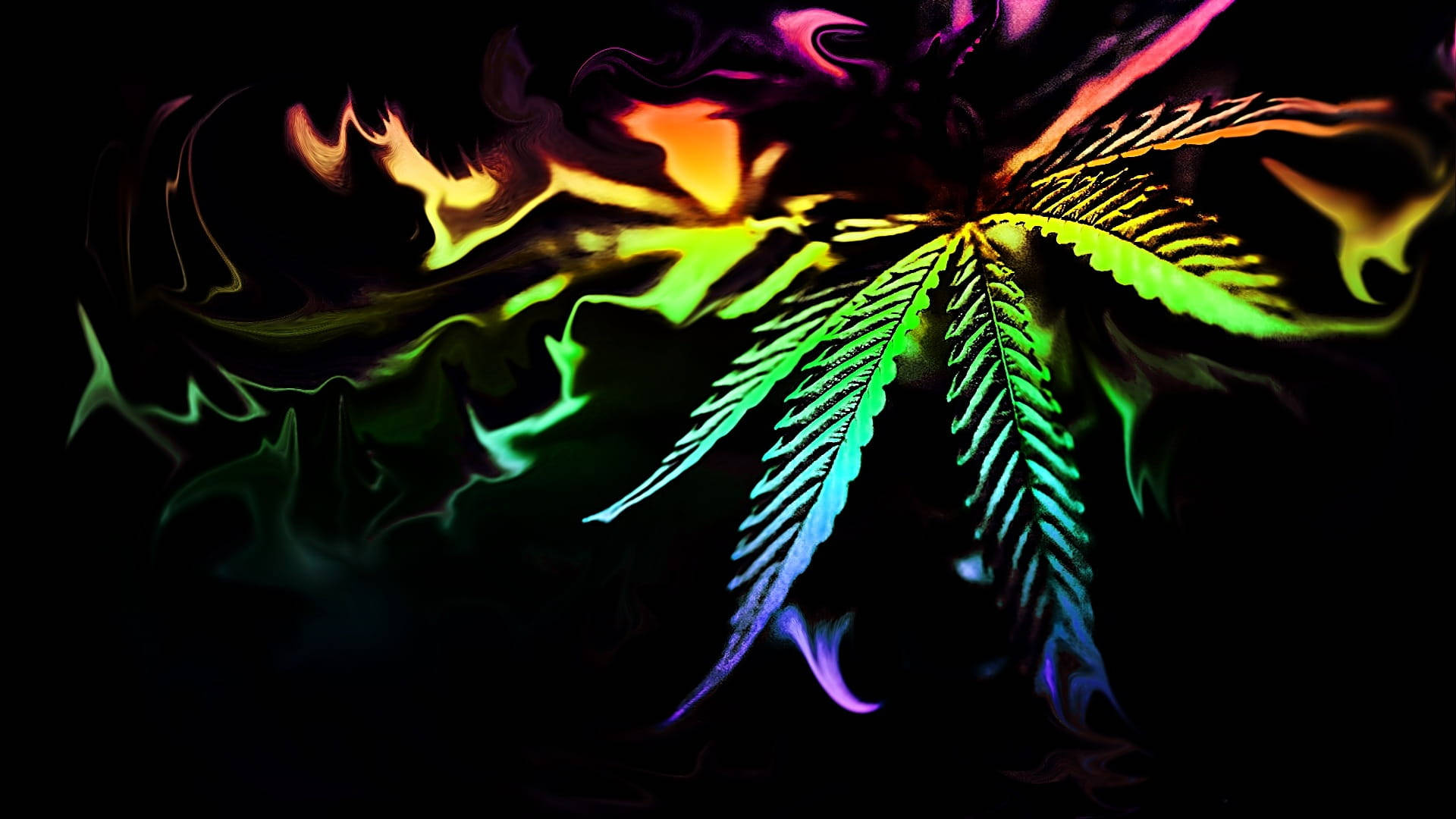 大麻 桌布 壁紙 — 發光的霓虹大麻葉在旋轉的黑暗背景上散發出鮮豔的彩虹色調。