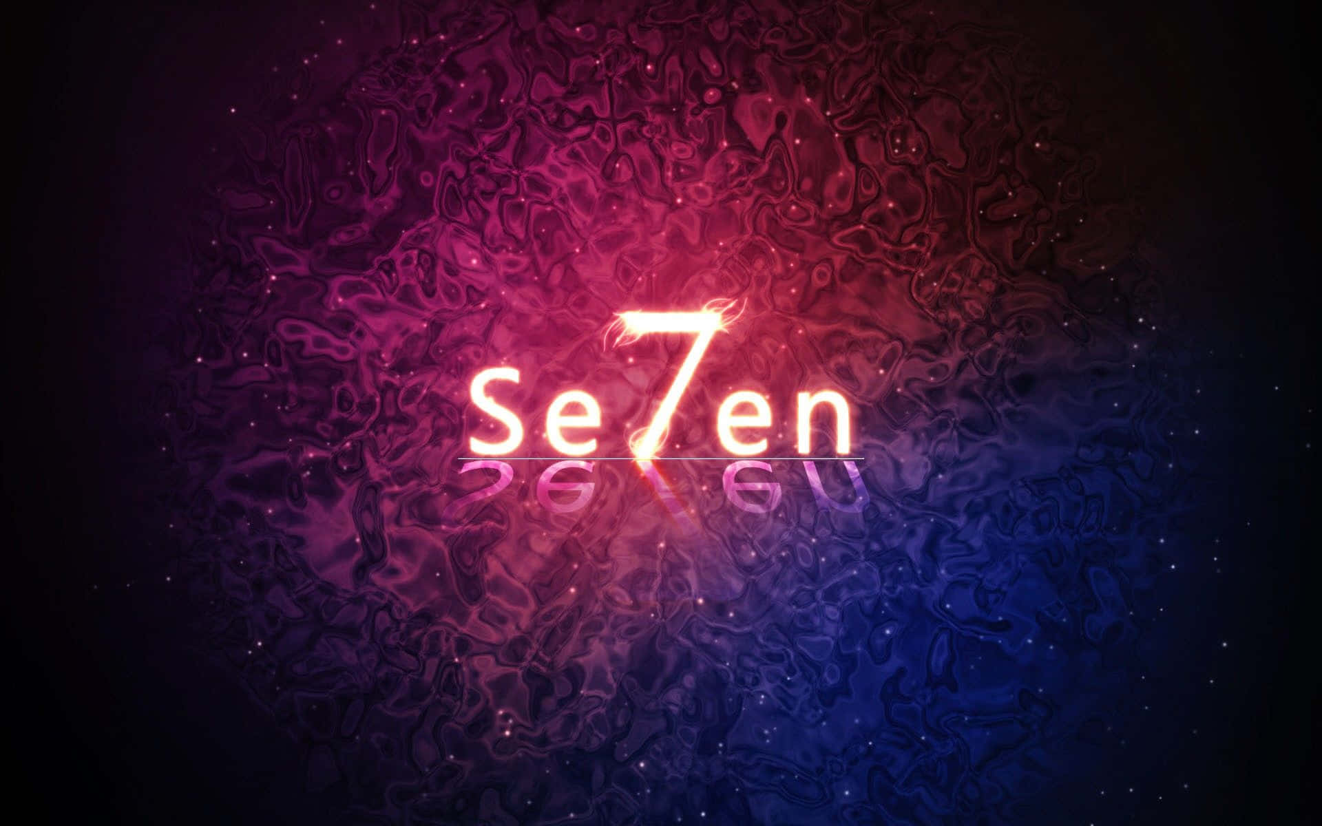Number 7 桌布 壁紙 — 發光的霓虹文字Se7en在洋紅色和靛藍色的漩渦宇宙背景上脈動，並帶有漂浮的粒子。