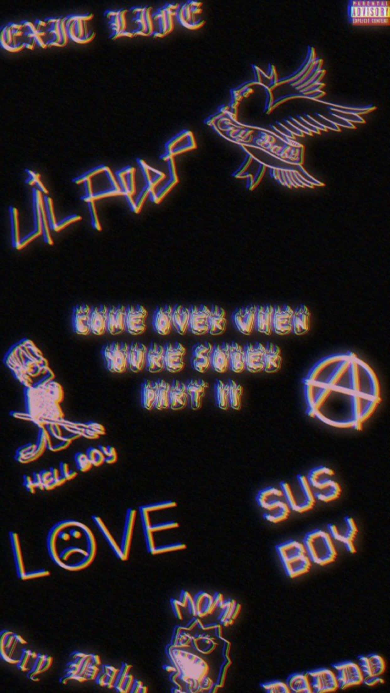 lil peep 動態圖 桌布 壁紙 — 發光的霓虹文字和卡通角色漂浮在黑色背景上，帶有'EXIT LIFE'和'SUS BOY'等短語。
