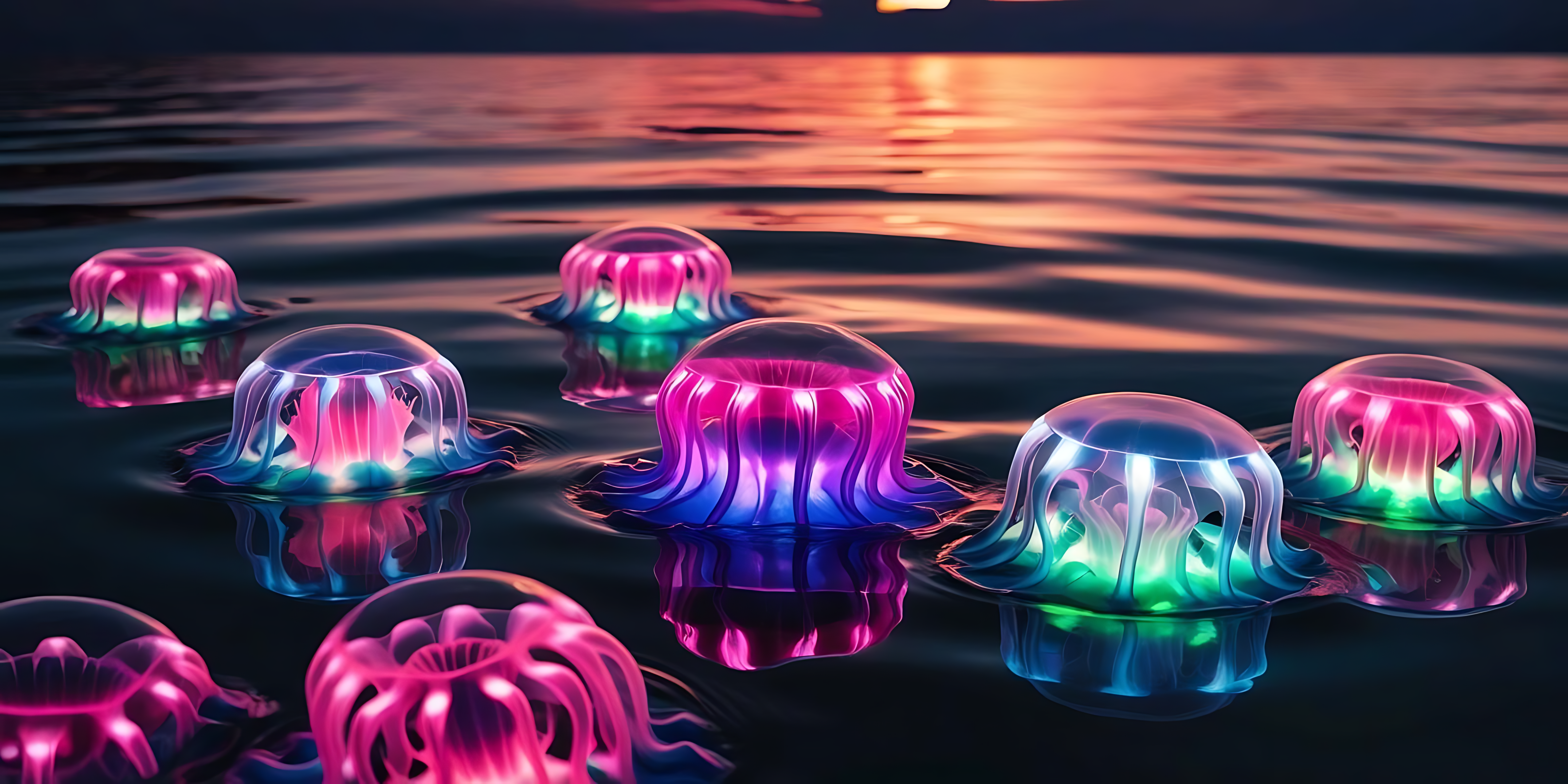 Deep Sea 桌布 壁紙 — 發光的霓虹水母在黑暗的水面上寧靜地漂浮，反射著上方熾熱的日落色調。