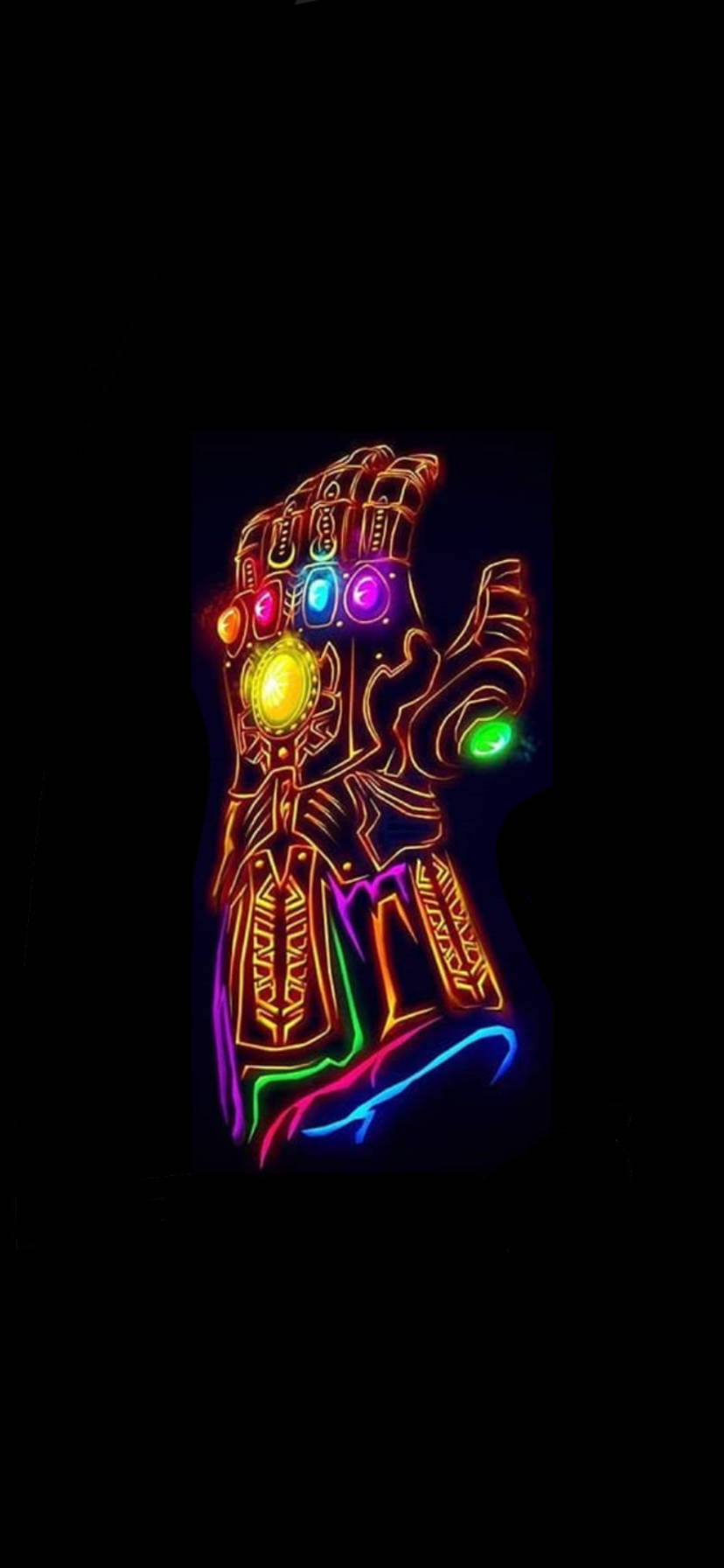 marvel iPhone xr 桌布 壁紙 — 發光的霓虹無限手套在漆黑的背景上散發出鮮豔的色彩。