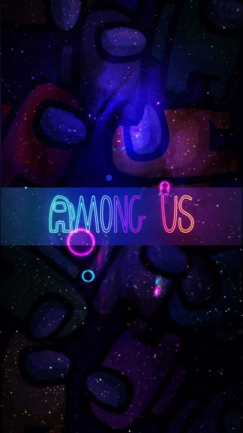 Among US Phone 桌布 壁紙 — 發光的霓虹燈 'Among Us' 標題漂浮在帶有星塵的紫色、藍色和紅色抽象形狀的宇宙背景上。