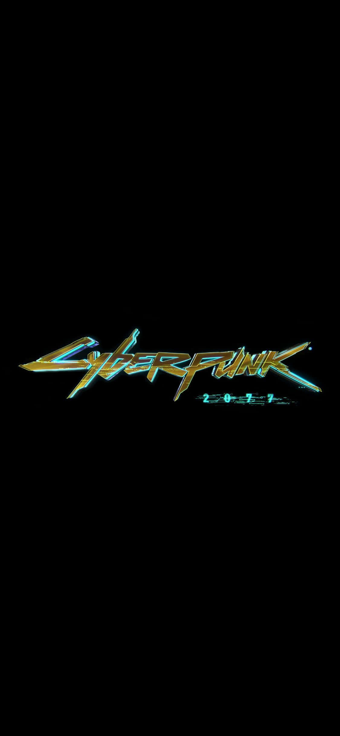 電馭叛客2077 桌布 壁紙 — 發光的霓虹燈「Cyberpunk 2077」標誌在漆黑背景上脈動，帶有電光藍和金色點綴。