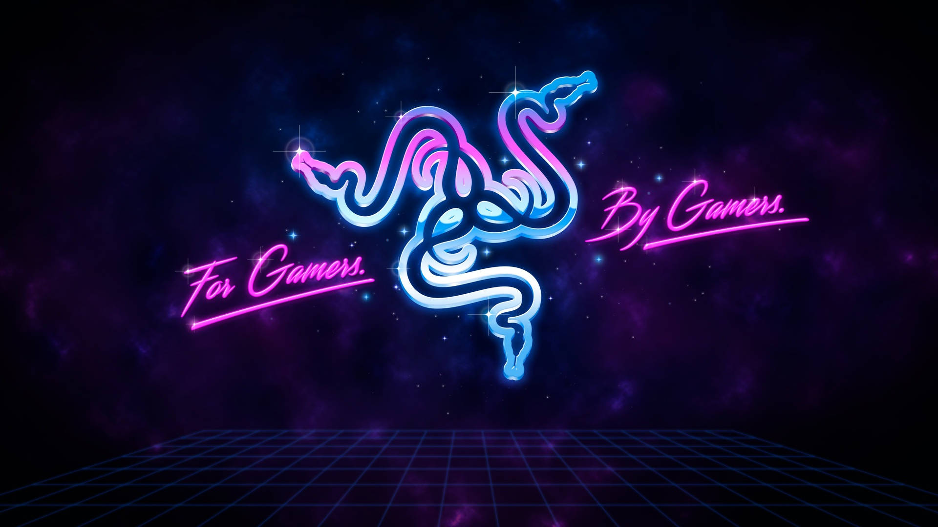 lights 桌布 壁紙 — 發光的霓虹燈 Razer 標誌，帶有「For Gamers. By Gamers.」文字，漂浮在網格地板上的宇宙紫色星雲中。