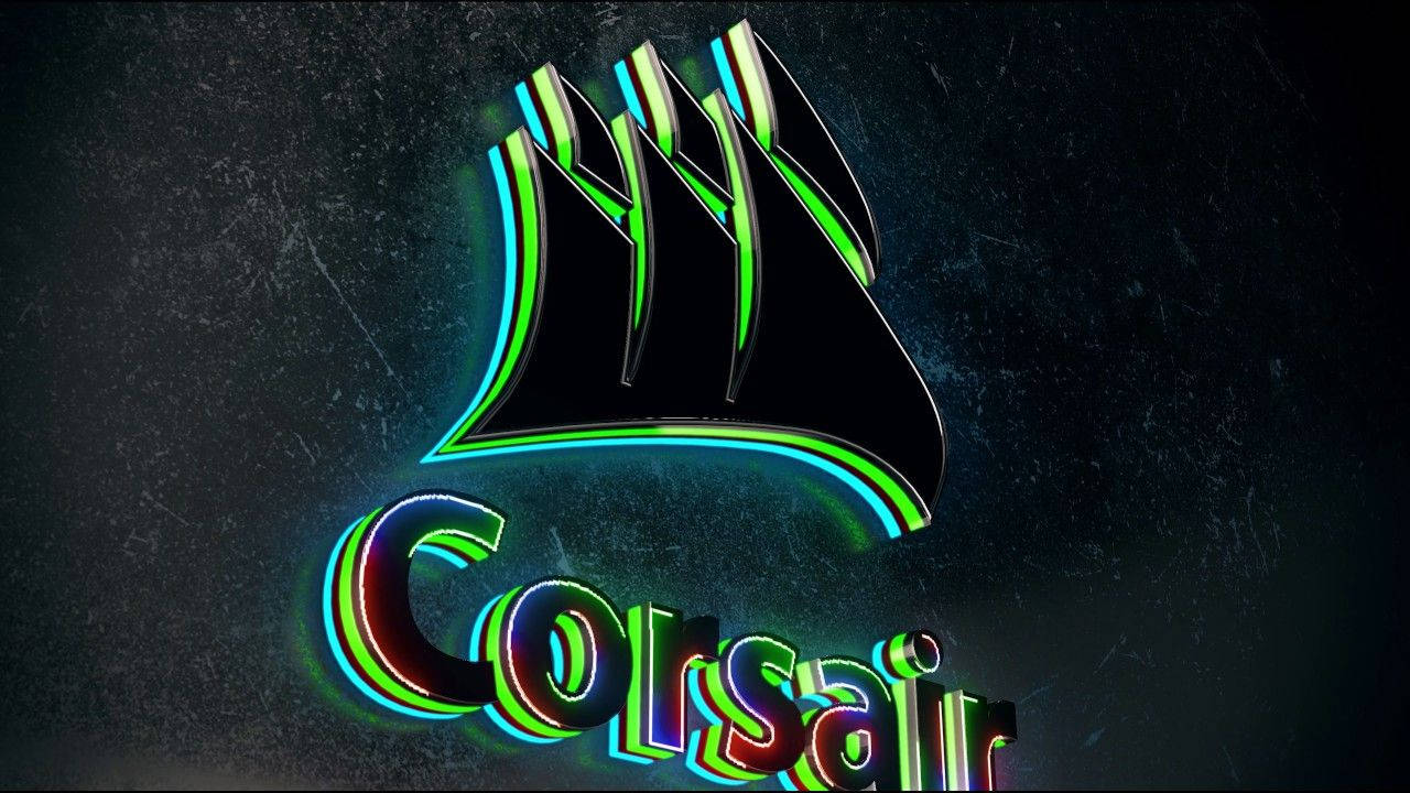 海盜船 桌布 壁紙 — 發光的霓虹燈Corsair標誌，帶有鮮豔的綠色和藍色輪廓，背景為深色紋理牆壁。