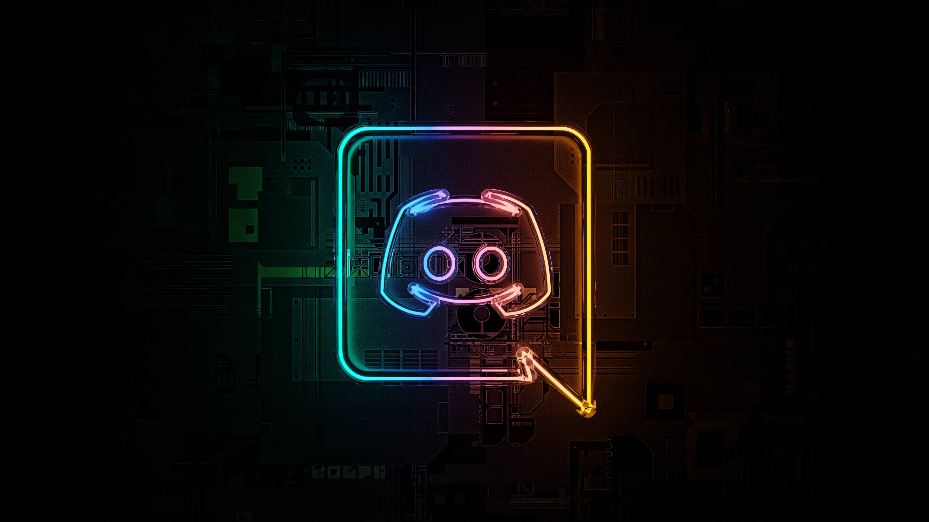 Discord 桌布 壁紙 — 發光的霓虹燈Discord標誌在黑暗的電路板背景上閃爍著彩虹色調。
