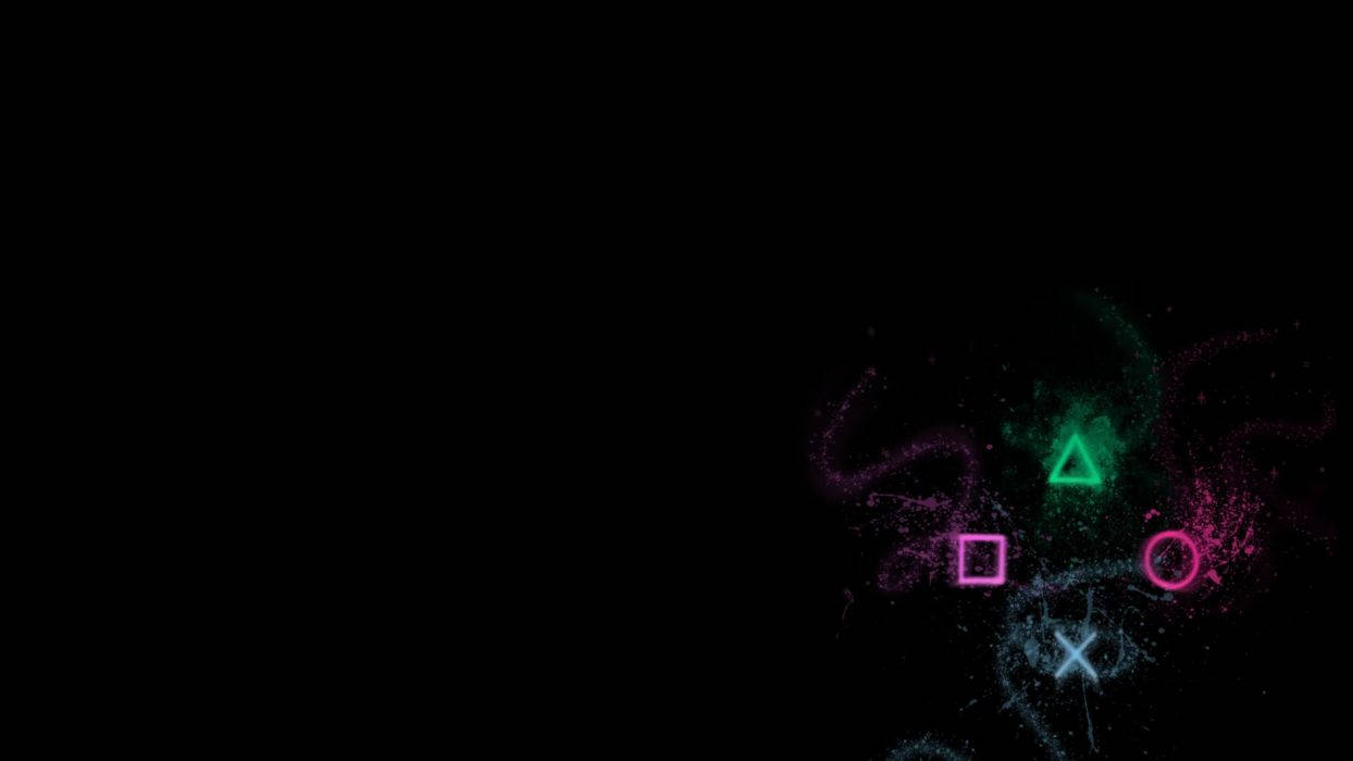 Sony 桌布 壁紙 — 發光的霓虹燈PlayStation控制器符號在宇宙粒子漩渦中漂浮，背景是漆黑的虛空。