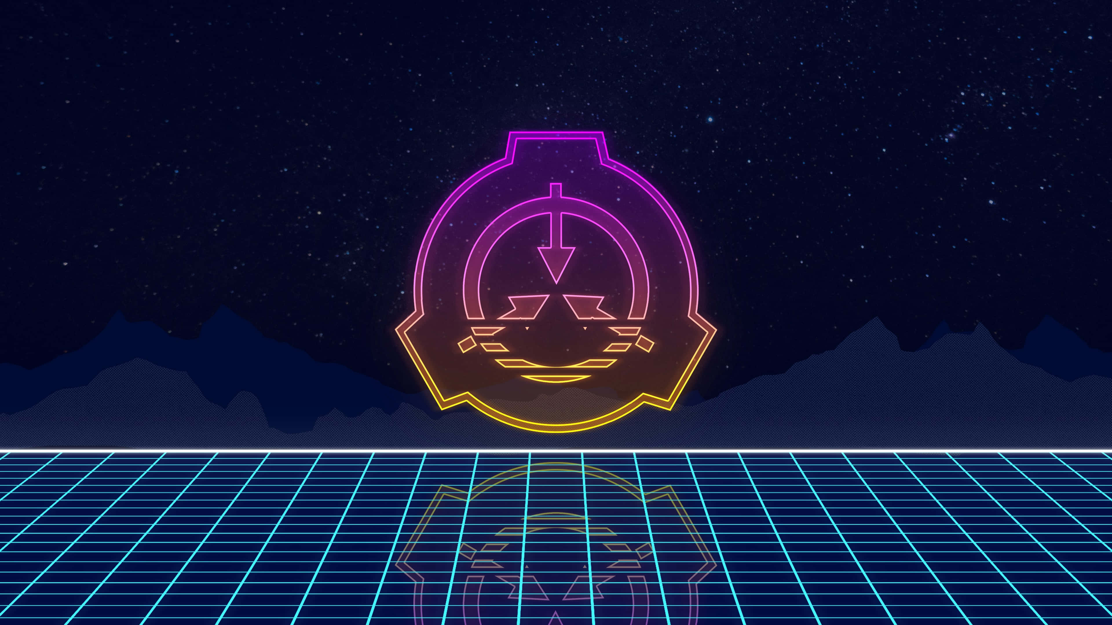 SCP 桌布 壁紙 — 發光的霓虹燈SCP基金會標誌漂浮在網格上方，背景是星空夜空和山脈輪廓。