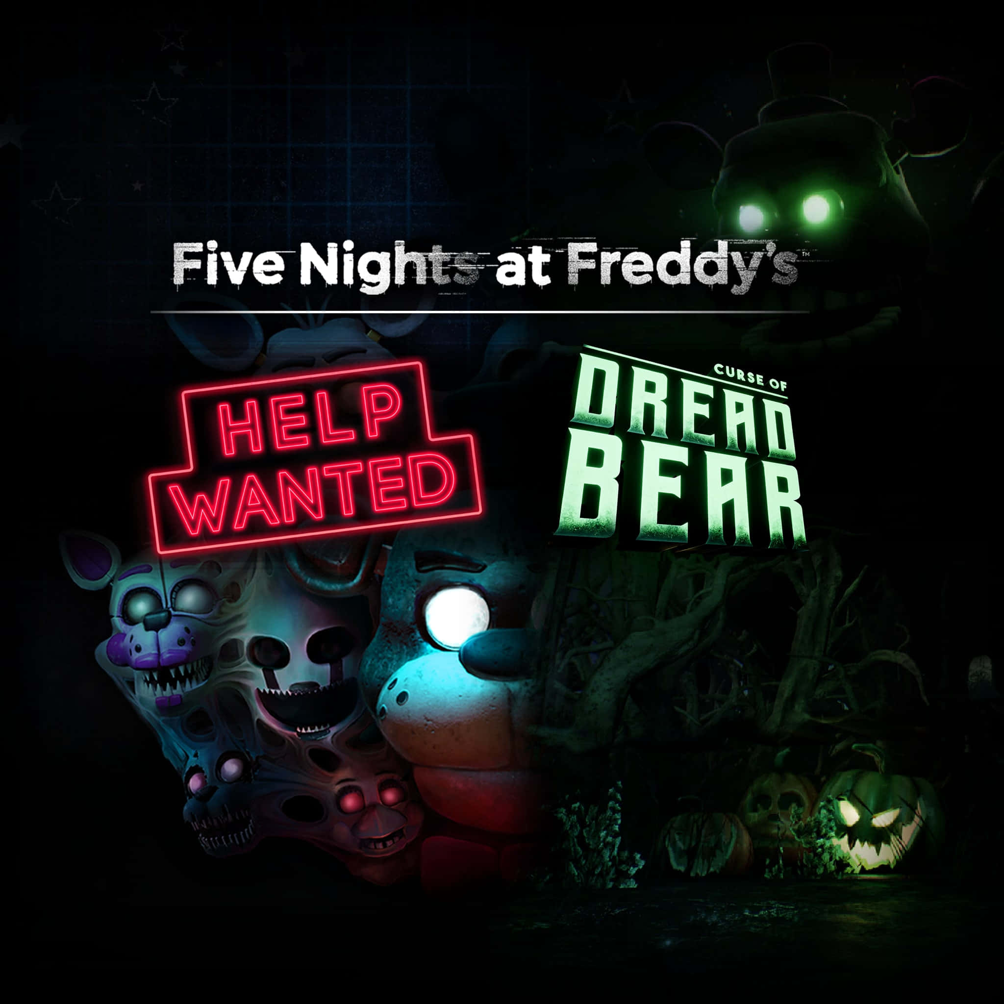 Dreadbear 桌布 壁紙 — 發光的霓虹燈牌和威脅性的電子動畫角色潛伏在黑暗的鬼屋風格的遊戲機中心。