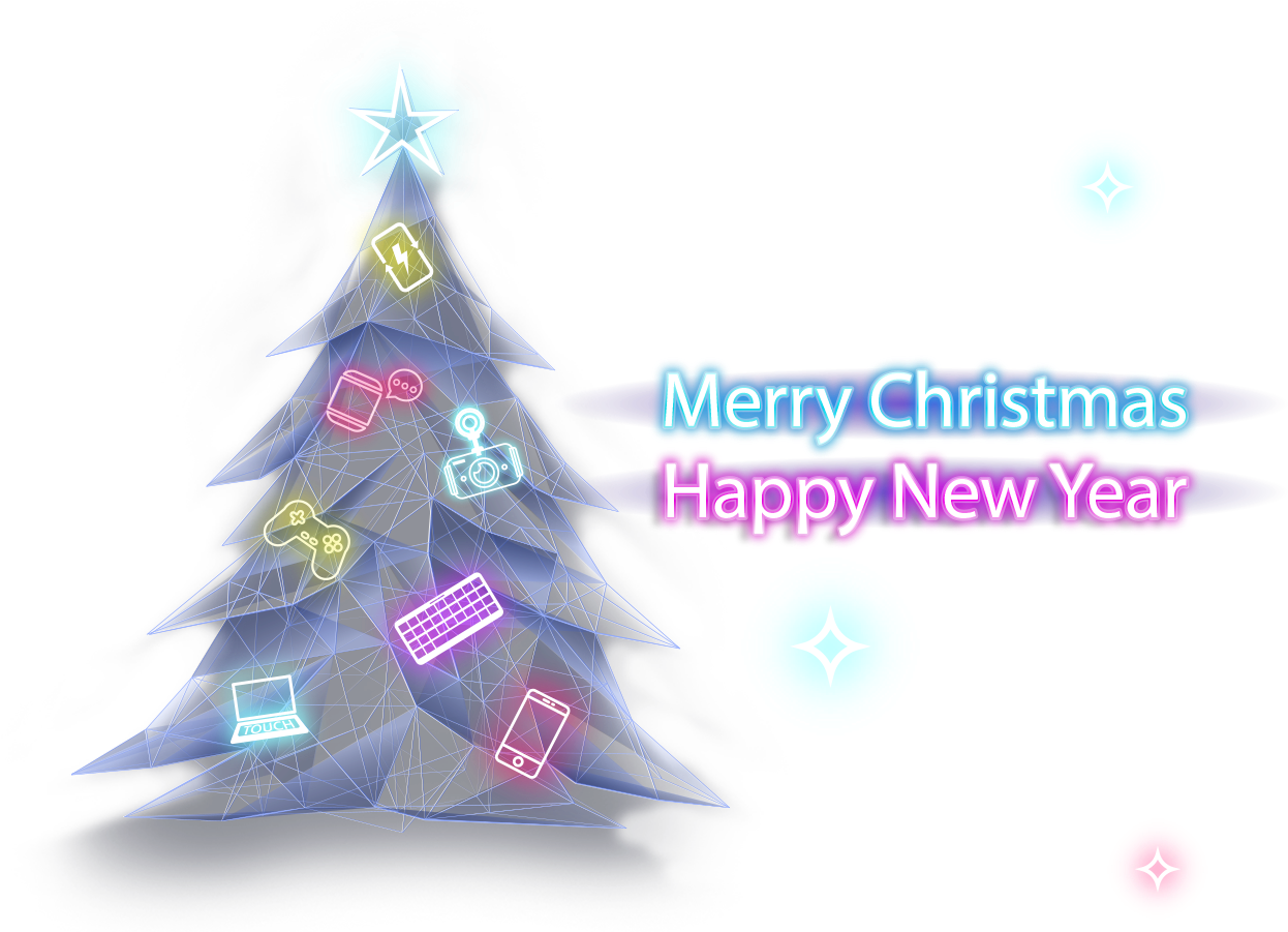 merry christmas and happy new year 桌布 壁紙 — 發光的霓虹燈線框聖誕樹，裝飾著遊戲手把和手機等科技圖標，黑色背景上帶有節日文字。