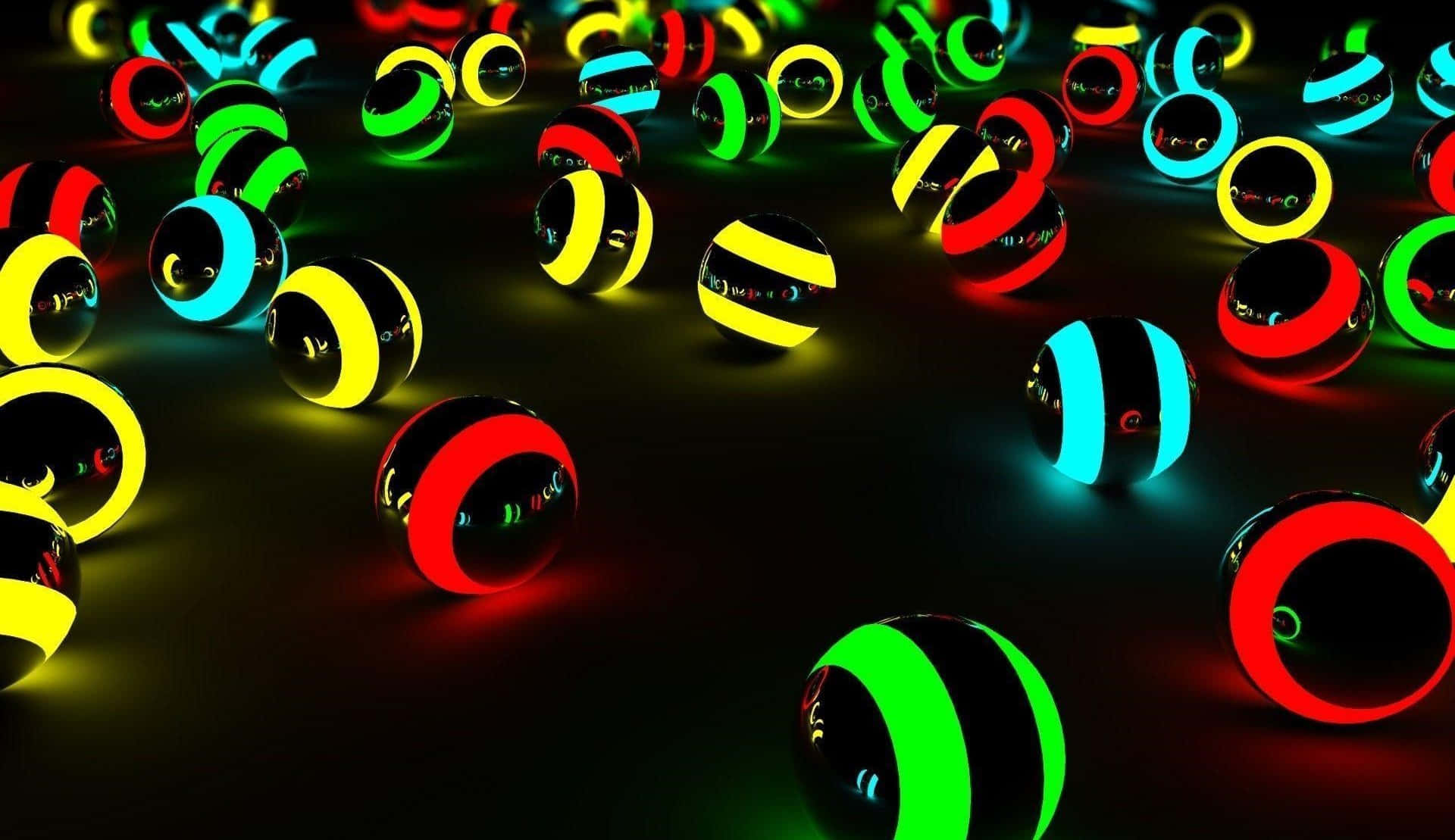 neon sign 桌布 壁紙 — 發光的霓虹環環繞著散落在黑暗表面上的反射球體，散發出充滿活力的光芒。