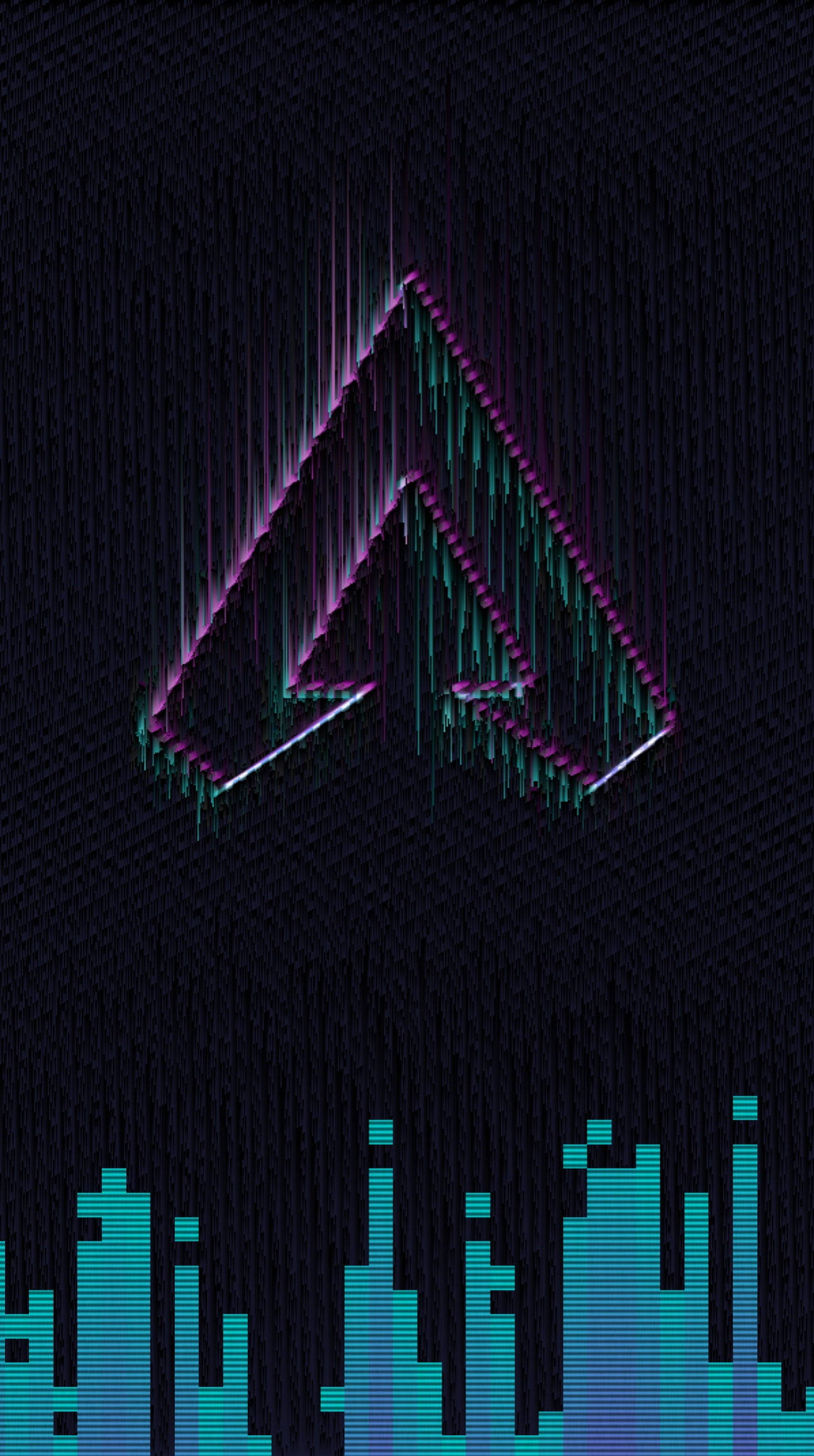 Apex 英雄 桌布 壁紙 — 發光的霓虹箭刺穿黑暗紋理天空，下方是像素化的青綠色城市景觀。