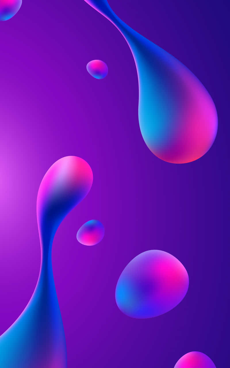 800x1280 桌布 壁紙 — 發光的霓虹粉紅和藍色液體水滴漂浮在紫色漸變背景上，形成超現實的數位構圖。