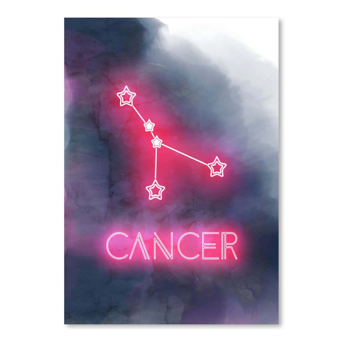 zodiac 桌布 壁紙 — 發光的霓虹粉紅巨蟹座星座輪廓和文字漂浮在夢幻的紫色和藍色水彩背景上。