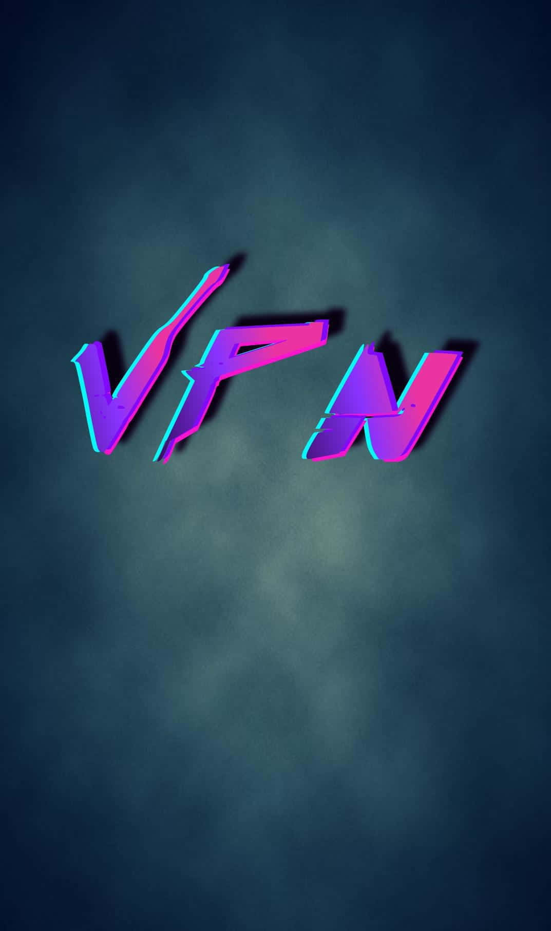 標誌 桌布 壁紙 — 發光的霓虹紫色和藍色VPN字母在黑暗煙霧背景上漂浮，帶有銳利陰影。