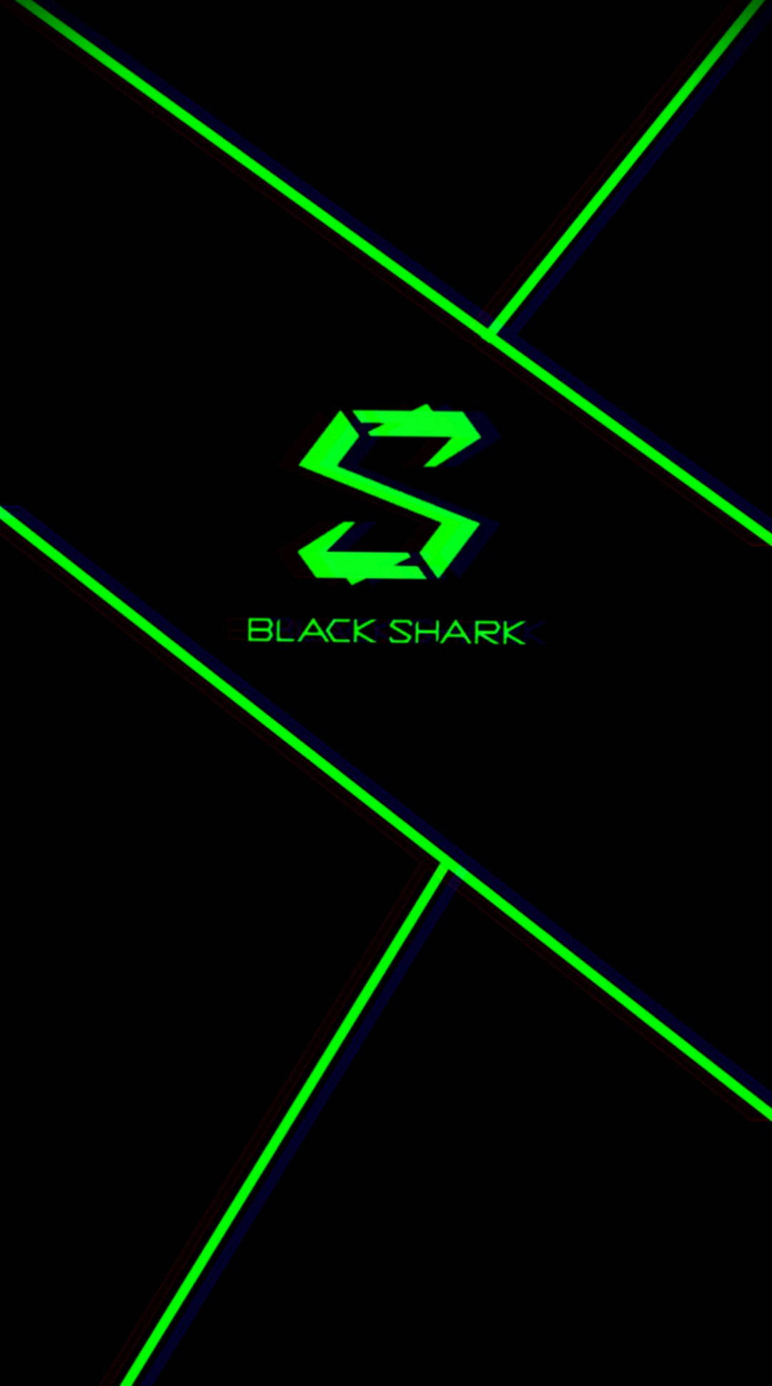 標誌 桌布 壁紙 — 發光的霓虹綠色 Black Shark 標誌居中於黑色背景上，帶有交叉的對角線。