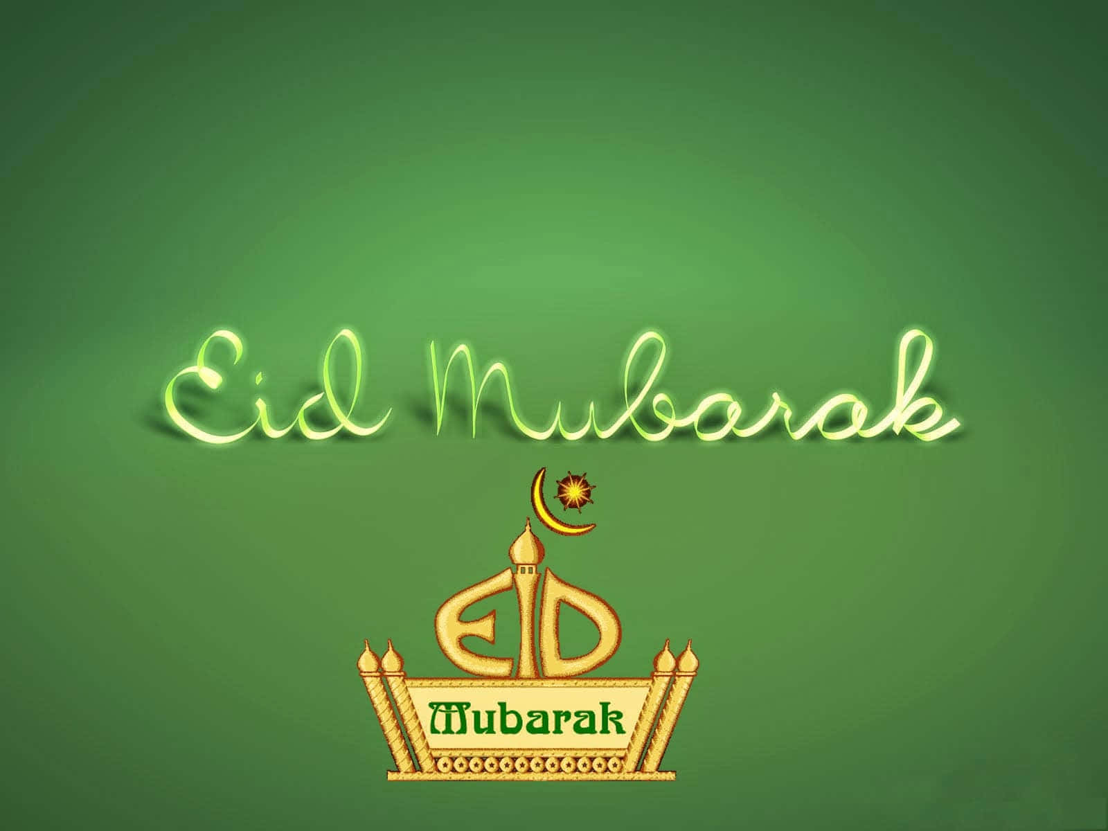 Eid 桌布 壁紙 — 發光的霓虹綠色Eid Mubarak文字和金色清真寺標誌在漸變綠色背景上。
